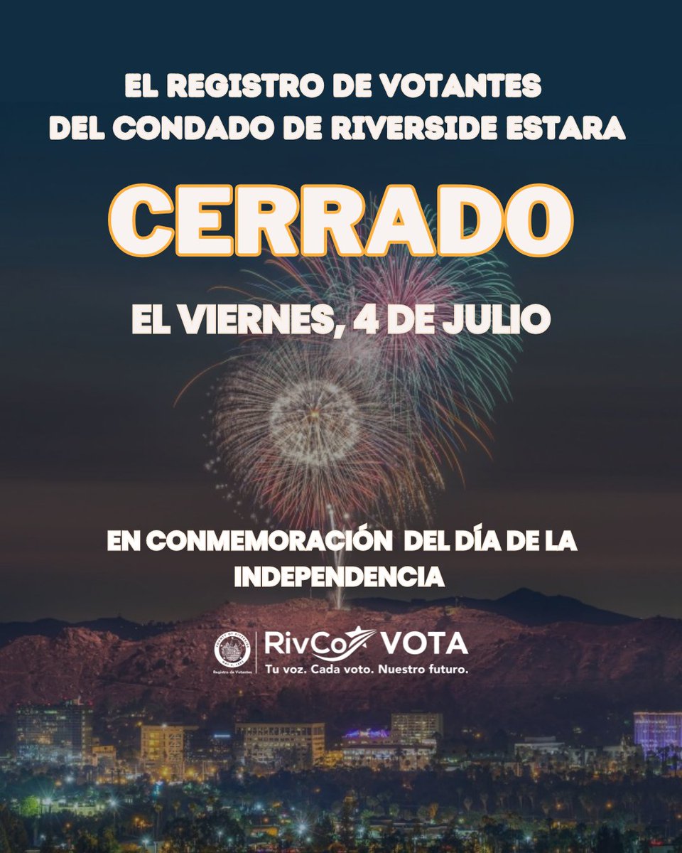 RivCoRegistrar's tweet image. The ROV is taking a little break today to celebrate with family and friends. We’ll be back and ready to assist you on Monday July 7
El ROV está tomando un pequeño descanso hoy para celebrar con familiares y amigos. Volveremos y estaremos listos para ayudarle el lunes 7 de julio