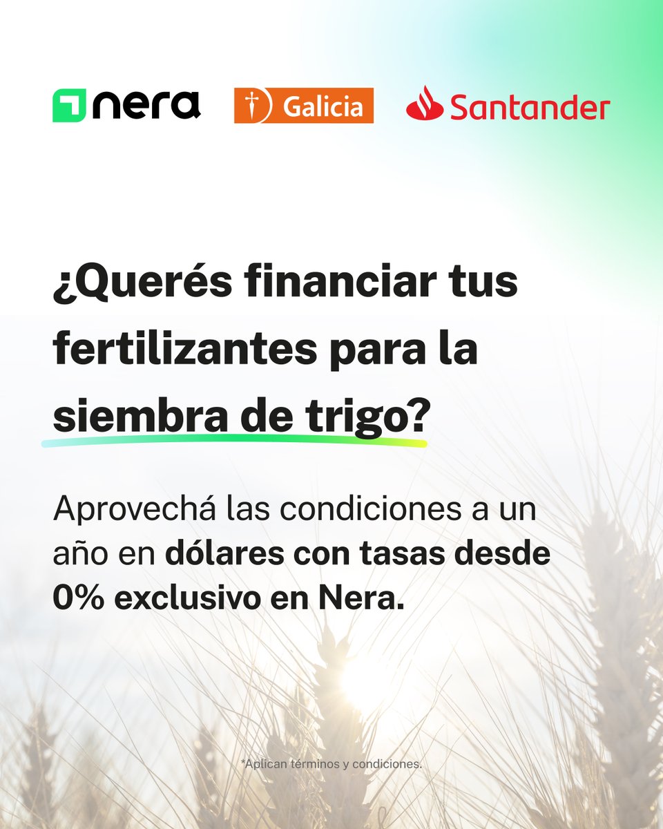 🌾Financia tus fertilizantes para la fina con las condiciones más convenientes. 

En Nera te acercamos a una financiación en dólares con tasas desde 0%. 

Una buena decisión financiera abre nuevas oportunidades.

#Nera #LaConexiónDelAgro #Fina #CampañaDeTrigo