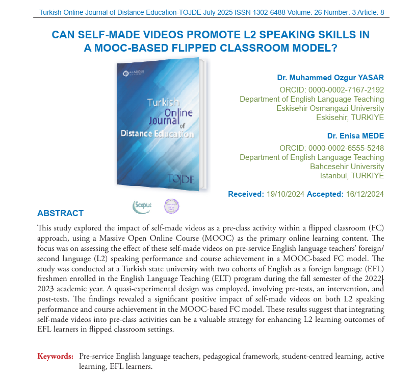 Hot off the press!!! I am happy to announce that our paper with prof. <a href="/enisamede/">Enisa Mede</a> has just been published in the ESCI-indexed journal of Turkish Online Journal of Distance Education. dergipark.org.tr/en/pub/tojde/i…