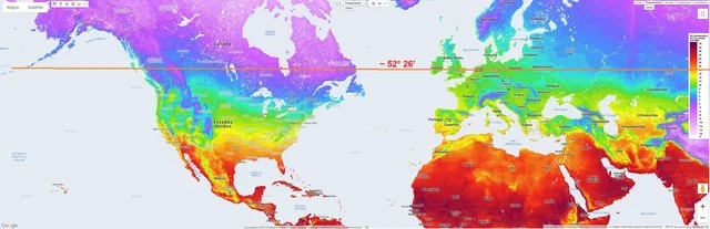 <a href="/QuetzalPhoenix/">Carlos That Notices Things</a> Europe is unusually warm for its high latitude due to the Gulf Stream.

Here's a map of actual temperatures.