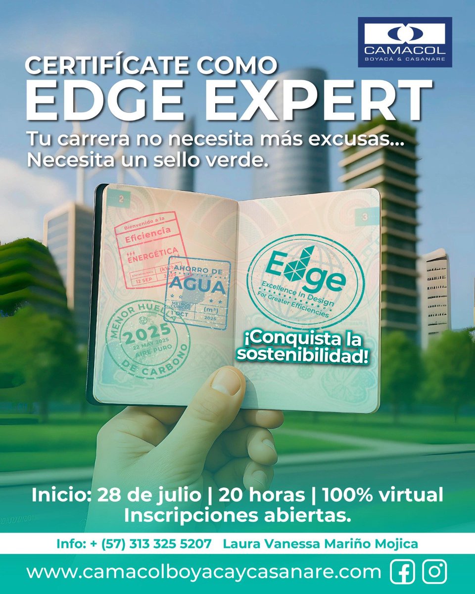 🌱Capacítate y abre el pasaporte a la sostenibilidad de tus proyectos. Certifícate como EDGE Expert con <a href="/CamacolBoyCas/">CAMACOL Boyacá & Casanare</a> y aprende sobre eficiencia energética, ahorro de agua y construcción sostenible. 💧⚡🏗️

✅ 28 de julio, 100% virtual, 20 horas
✅ Inscripciones: 313 3255207