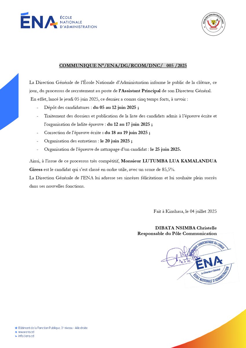 EnaRDC_Officiel's tweet image. Nos félicitations à Monsieur LUTUMBA LUA KAMALANDUA Giress qui rejoint ce jour l&apos;Ecole Nationale d&apos;Administration en qualité d&apos;Assistant Principal du Directeur Général.
Nous remercions tous les candidats qui ont participé au recrutement et leur souhaitons bonne continuation.