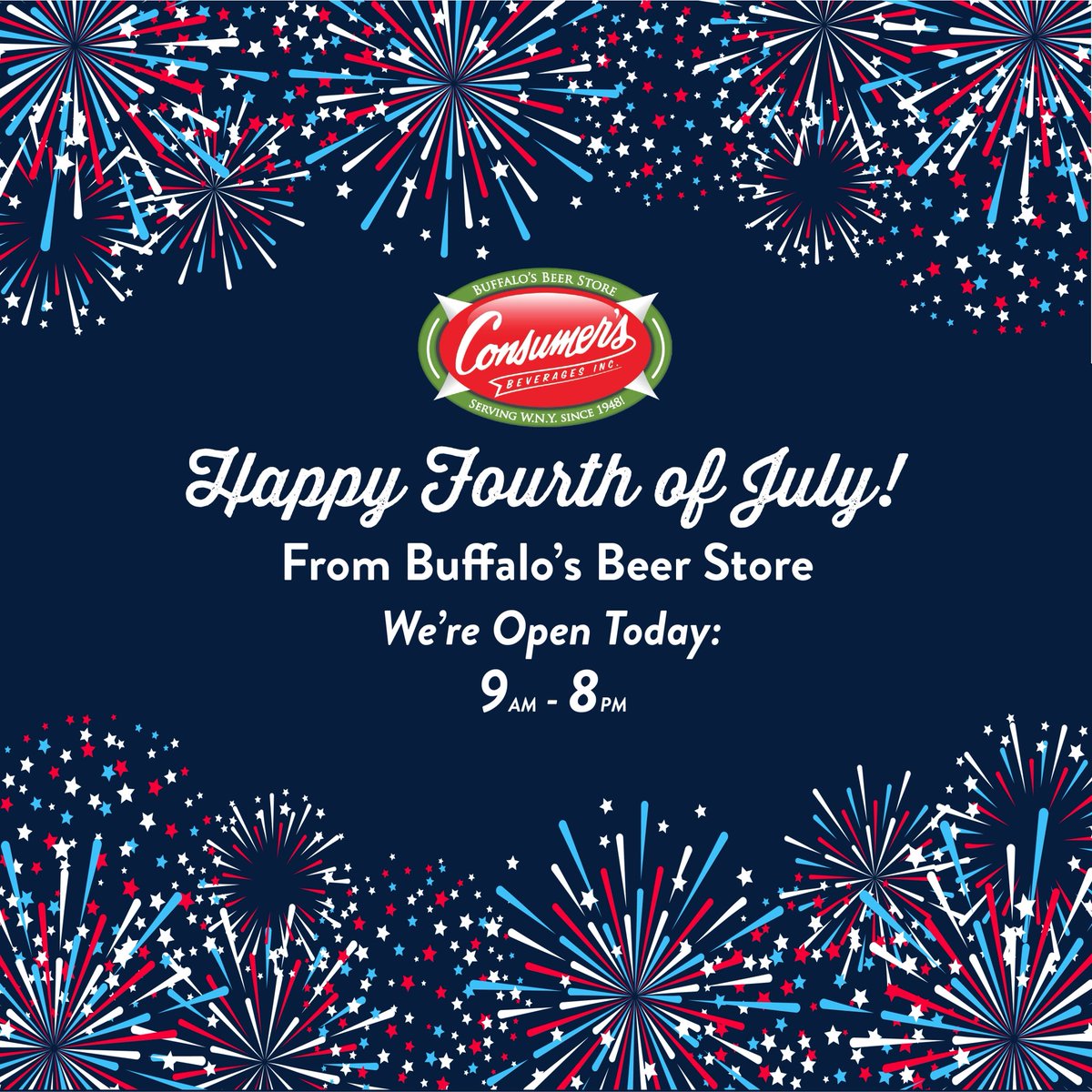 ConsumersBeer's tweet image. Happy Fourth of July, WNY! We’re open until 8:00pm for all of your last minute celebration needs. We hope you have a safe and happy holiday! 🇺🇸🍻❤️💙