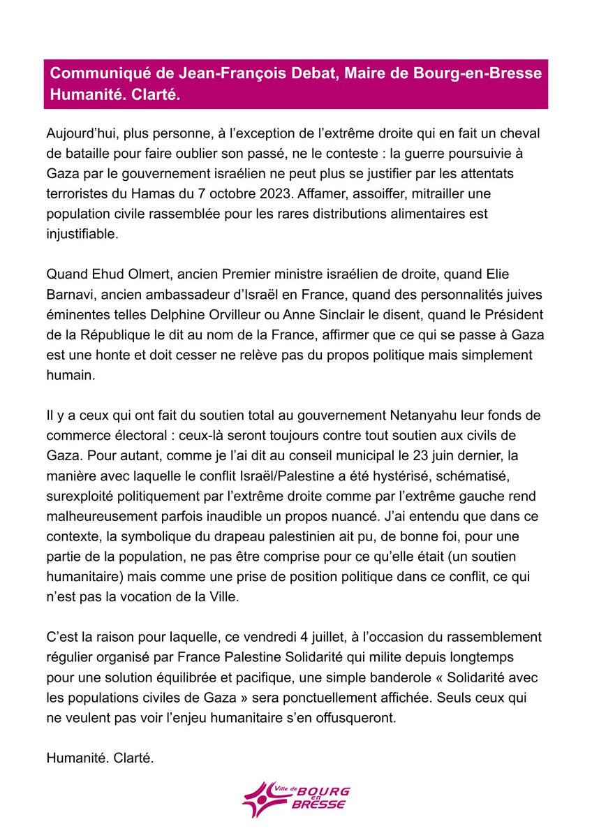 Humanité. Clarté.
Communiqué de <a href="/JFDebat/">Jean-François Debat</a>, maire de Bourg-en-Bresse
bourgenbresse.fr/actualite/5254…