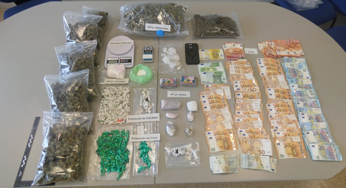 Mossos (@mossos) on Twitter photo Juntament amb la <a href="/GU_Figueres/">Guàrdia Urbana FIG</a> detenim 4 persones per salut pública en un domicili que era un punt de venda de droga de la ciutat. En total s'hi ha trobat 👇
💶 4.710 €
💊 207 g de cocaïna i 233 paperines
🌿 437 g haixix i 1.990 g de cabdells marihuana
⚖️ 2 balances de precisió Juntament amb la <a href="/GU_Figueres/">Guàrdia Urbana FIG</a> detenim 4 persones per salut pública en un domicili que era un punt de venda de droga de la ciutat. En total s'hi ha trobat 👇
💶 4.710 €
💊 207 g de cocaïna i 233 paperines
🌿 437 g haixix i 1.990 g de cabdells marihuana
⚖️ 2 balances de precisió