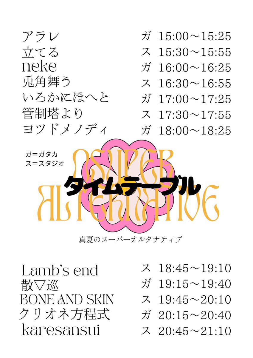 ◀︎ 新体制　初陣 ▶︎

2025/7/5(土)
@京都GATTACA &amp; Studio BeatFree

「真夏のスーパーオルタナティブ」

OPEN/START 14:30/15:00
前売/当日/学割 ¥2400/¥2900/¥1900(+1Drink)

Act: 画像参照(サーキット多数)

4人の船出、散▽巡は19:15〜より▼
ぜひお越しください▼