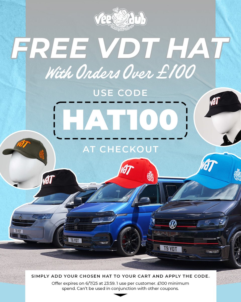 Get a FREE VDT Hat with orders over £100 THIS WEEKEND ONLY! 🧢🤙

Use Code: HAT100 at checkout! 🛒

Simply add your chosen hat to your cart and apply the code.

veedubtransporters.co.uk/product-tag/ve…

•

Offer expires on 6/7/25 at 23:59. 1 use per customer. £100 minimum spend.