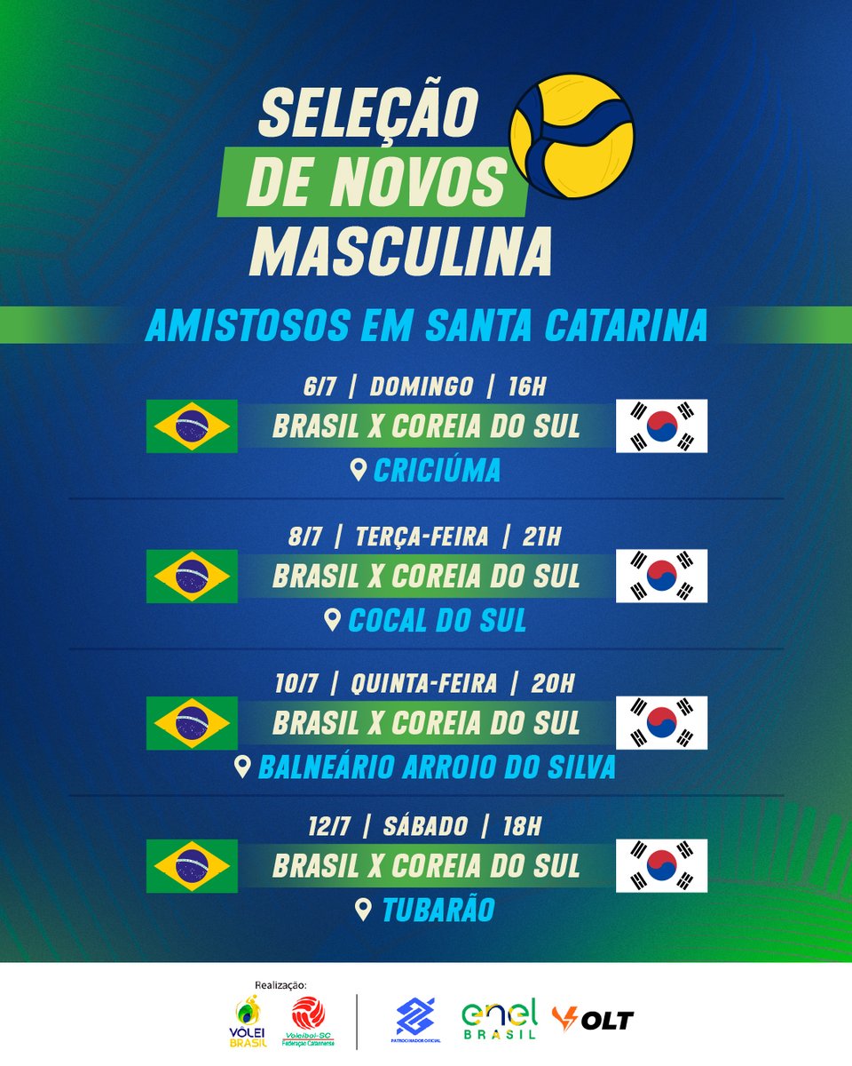 A seleção de novos masculina vai a Santa Catarina para uma série de quatro amistosos contra a Coreia do Sul 🇰🇷

E a chance para os torcedores catarinenses verem de pertinho nossos craques. 🤩

Anota aí a agenda de confrontos desse tour no interior catarinense! 🗓️