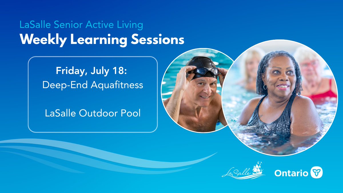 We are offering free weekly programs to promote social and active living for seniors. #LivingLaSalle Open to ages 55+ 
Registration is now open:  
Friday, July 18, Deep-End Aqua Fitness 
Location: LaSalle Outdoor Pool, 1 Laurier Parkway
Visit: ow.ly/f9mB50WcsFb