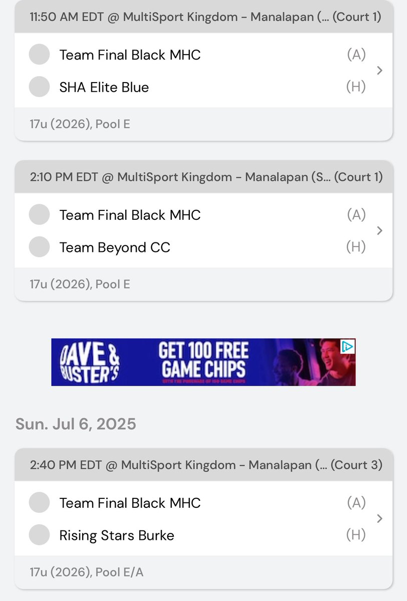 TFB 17’s will be in action this weekend at the Multi Sports Kingdom in Manalapan, NJ. See schedule below.