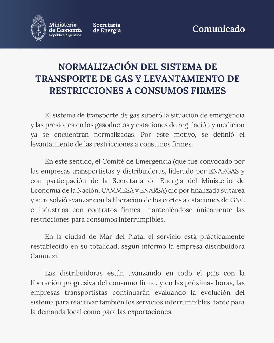 Energia_Ar's tweet image. Normalización del sistema de transporte de gas y levantamiento de restricciones a consumos firmes.
Más información: argentina.gob.ar/noticias/norma…