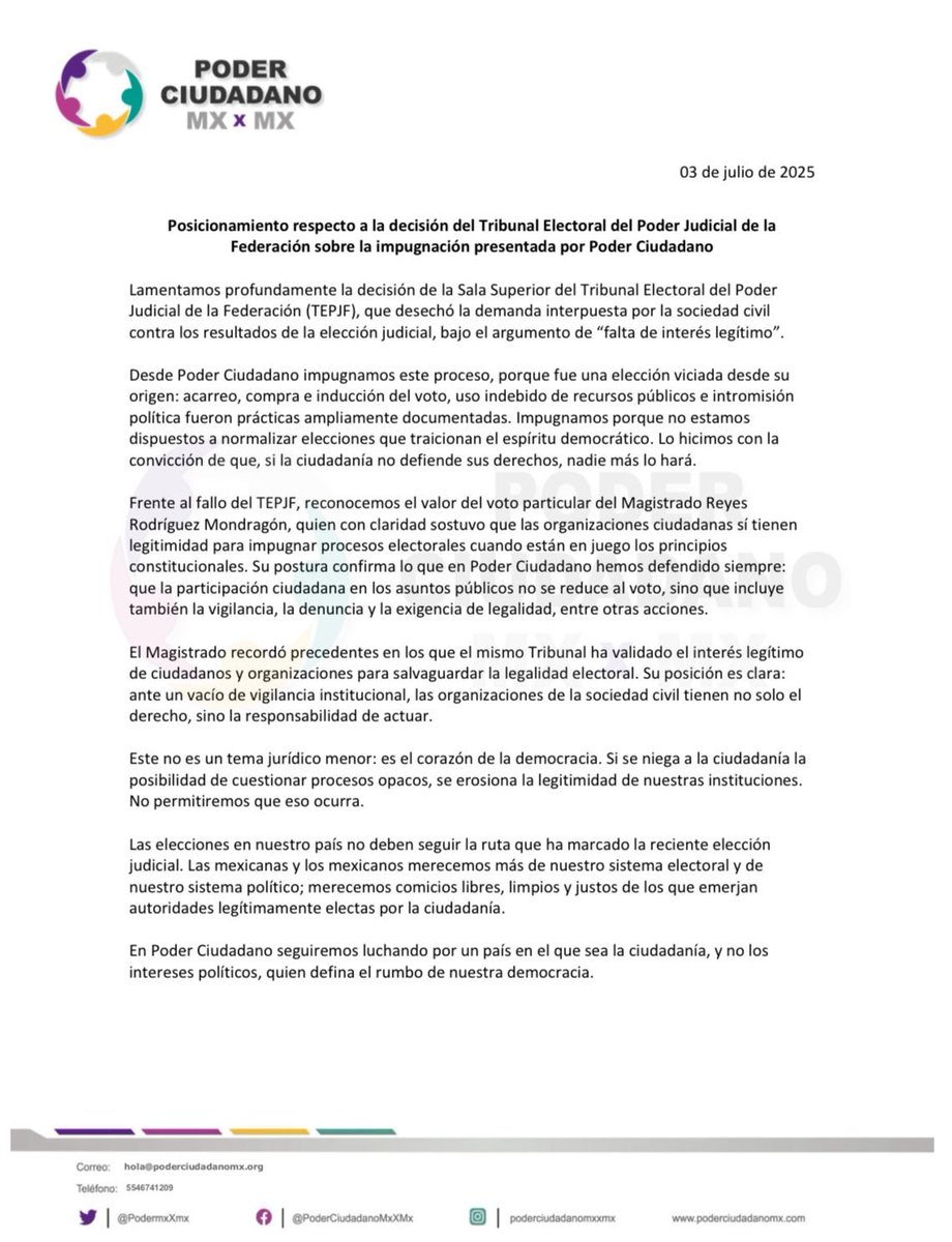 Poder Ciudadano Mx X Mx (@podermxxmx) on Twitter photo Hoy más que nunca, reafirmamos: vigilar, denunciar y exigir legalidad también es democracia.
Lee nuestro posicionamiento completo 🧾👇
<a href="/ReyesRdzM/">Reyes Rodríguez Mondragón</a>
<a href="/Consejo_Litigio/">Consejo Nacional de Litigio Estratégico</a>
<a href="/PROJUCmx/">PROJUC</a>
<a href="/defensorxs/">Derechos Humanos</a>
<a href="/Practica_Lab/">Práctica: Laboratorio para la Democracia</a>
<a href="/Eleccionesymas/">Laboratorio Electoral</a> Hoy más que nunca, reafirmamos: vigilar, denunciar y exigir legalidad también es democracia.
Lee nuestro posicionamiento completo 🧾👇
<a href="/ReyesRdzM/">Reyes Rodríguez Mondragón</a>
<a href="/Consejo_Litigio/">Consejo Nacional de Litigio Estratégico</a>
<a href="/PROJUCmx/">PROJUC</a>
<a href="/defensorxs/">Derechos Humanos</a>
<a href="/Practica_Lab/">Práctica: Laboratorio para la Democracia</a>
<a href="/Eleccionesymas/">Laboratorio Electoral</a>