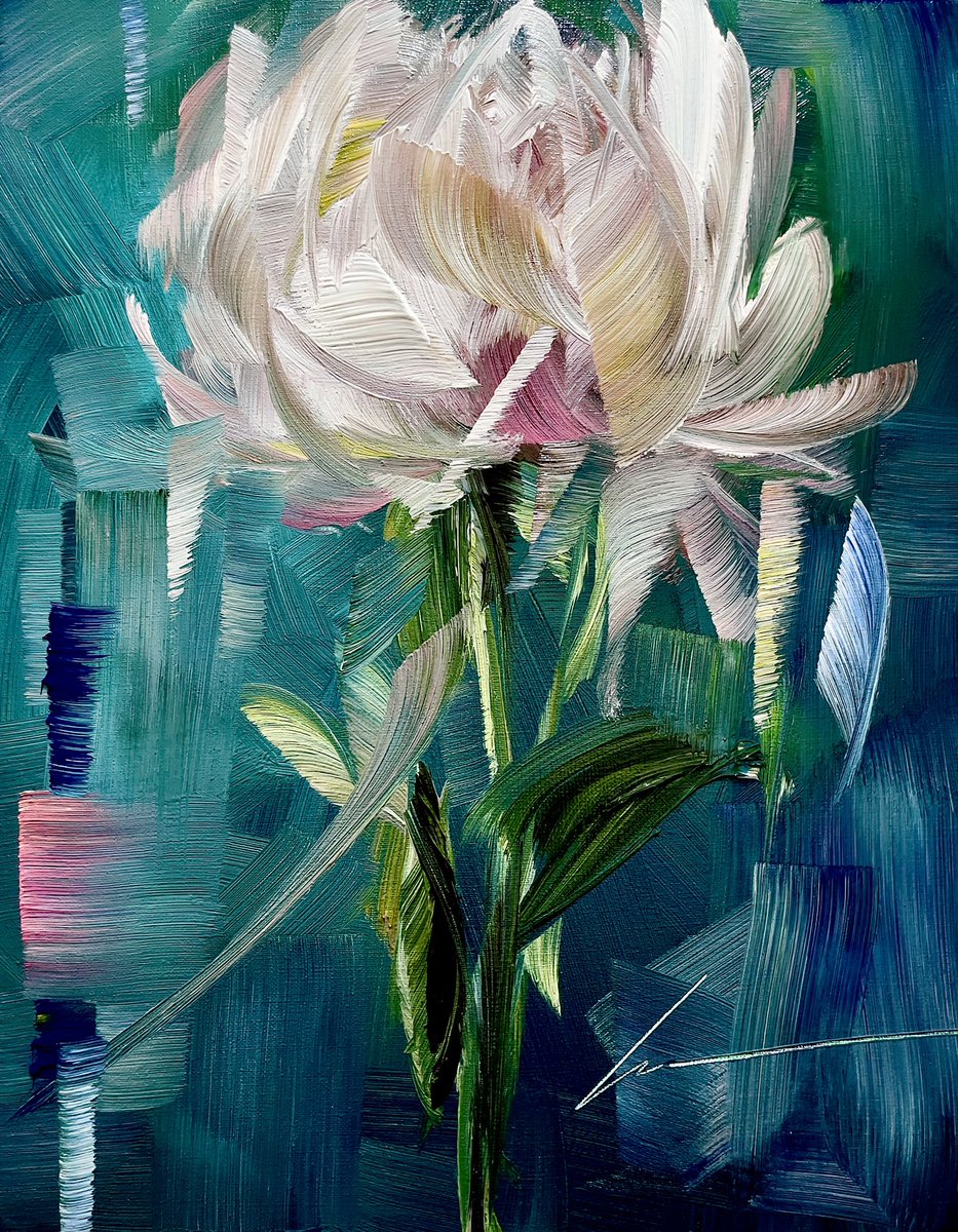 My painting - White peony on emerald green