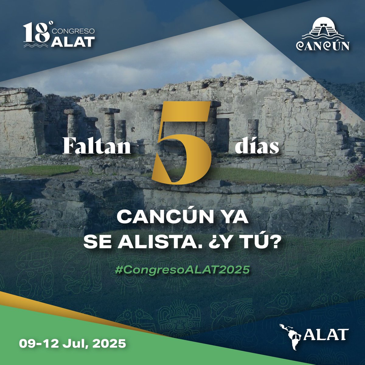⏳ Faltan 5 días para comenzar una experiencia única en Cancún.
La ciudad ya está lista para recibir al 18° Congreso ALAT.
🌴 ¿Y tú, ya estás preparado?

📅 09–12 julio, 2025
🔗 congreso2025.alatorax.org
#CongresoALAT2025