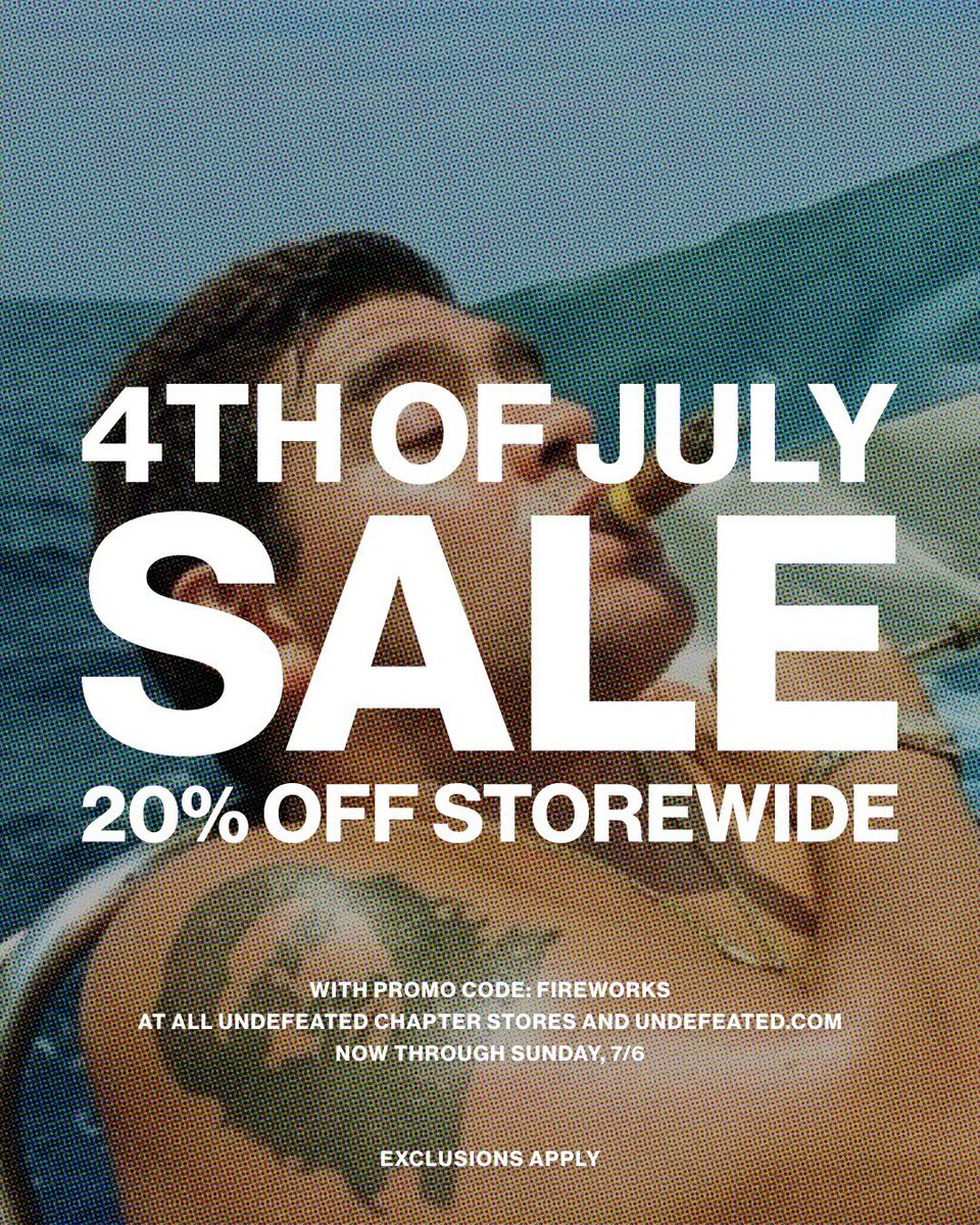 UNDEFEATEDinc's tweet image. UNDEFEATED Fourth of July Sale
20% off storewide at all UNDEFEATED Chapter Stores and Undefeated.com now through Sunday, 7/6 with promo code ‘FIREWORKS’
Exclusions apply