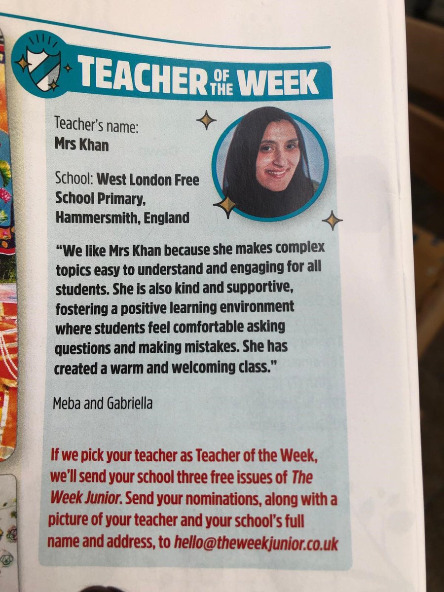 West London Free School Primary (@wlfsprimary) on Twitter photo Congratulations to Mrs Khan for being selected as Teacher of the Week by <a href="/theweekjunior/">The Week Junior</a>. Our pupils are so lucky to have you! Congratulations to Mrs Khan for being selected as Teacher of the Week by <a href="/theweekjunior/">The Week Junior</a>. Our pupils are so lucky to have you!