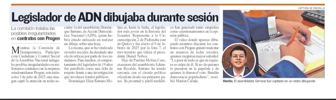 Wilmer Suárez (@suarez_wilmer) on Twitter photo El dibujante "legislador" #DominiqueSerrano de #ADN es el signo de nuestros días: improvisación a la carta y falta de compromiso con el #Ecuador.
La profesionalización política es #URGENTE pero los asambleístas que reformaron el #CódigoDeLaDemocracia no la incluyeron
<a href="/Expresoec/">Diario Expreso</a> El dibujante "legislador" #DominiqueSerrano de #ADN es el signo de nuestros días: improvisación a la carta y falta de compromiso con el #Ecuador.
La profesionalización política es #URGENTE pero los asambleístas que reformaron el #CódigoDeLaDemocracia no la incluyeron
<a href="/Expresoec/">Diario Expreso</a>