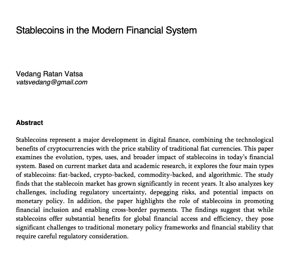 vedangvatsa's tweet image. Stablecoins in the Modern Financial System: dx.doi.org/10.2139/ssrn.5…

My new paper unpacks how stablecoins are disrupting $27 trillion in global payments.

Thanks @SPGMarketIntel for including it in your research paper series.