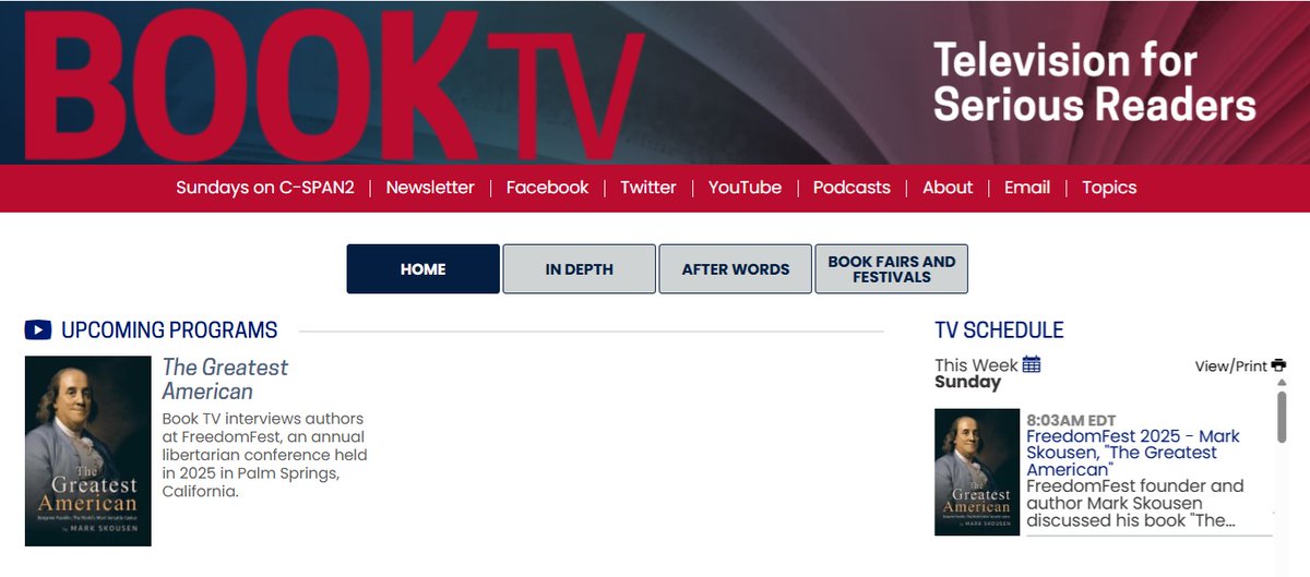 Dear friends,
My new book, THE GREATEST AMERICAN, is #1 on C-SPAN BookTV's July 4th weekend schedule.  Peter Slen's interview with me will be shown FOUR times on Sunday, July 6, at 8:03 am ET; 11 am ET, 8 pm ET, and 11 pm ET.  Peter asked some tough questions.
Be free, AEIOU,