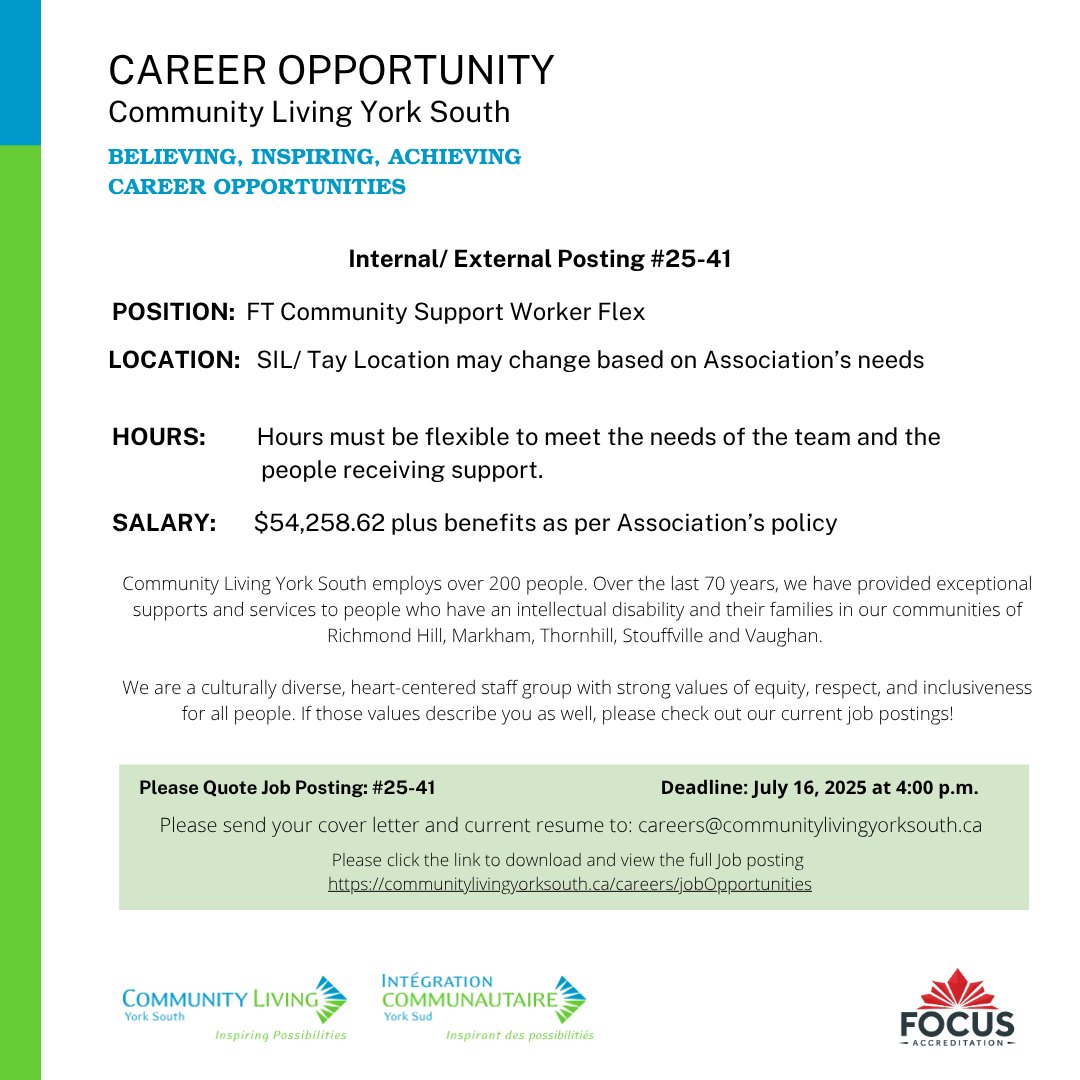 We're Hiring! Full Time Community Support Worker Flex

📅 Apply by: July 16, 2025 at 4:00 PM 

Please click the link to view the full Job posting: bit.ly/3DKfkxM