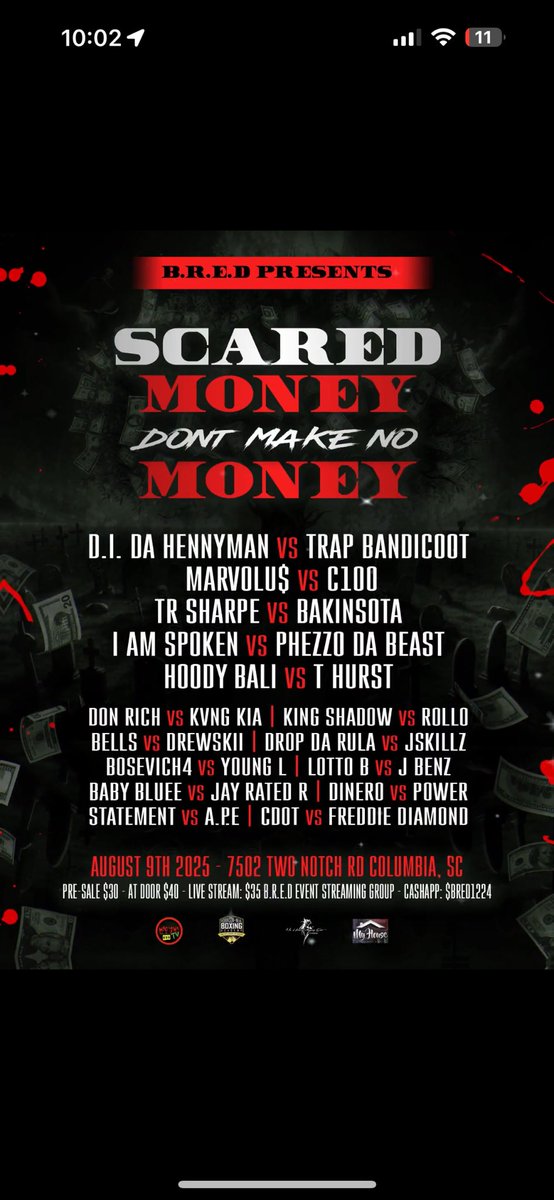 I’m Back Outside $500 On The Floor 
Young L Vs Bosevich 4 August 9th Columbia ,SC 📍
Get Your Tickets or You Can Support The Stream Come Watch Me Work