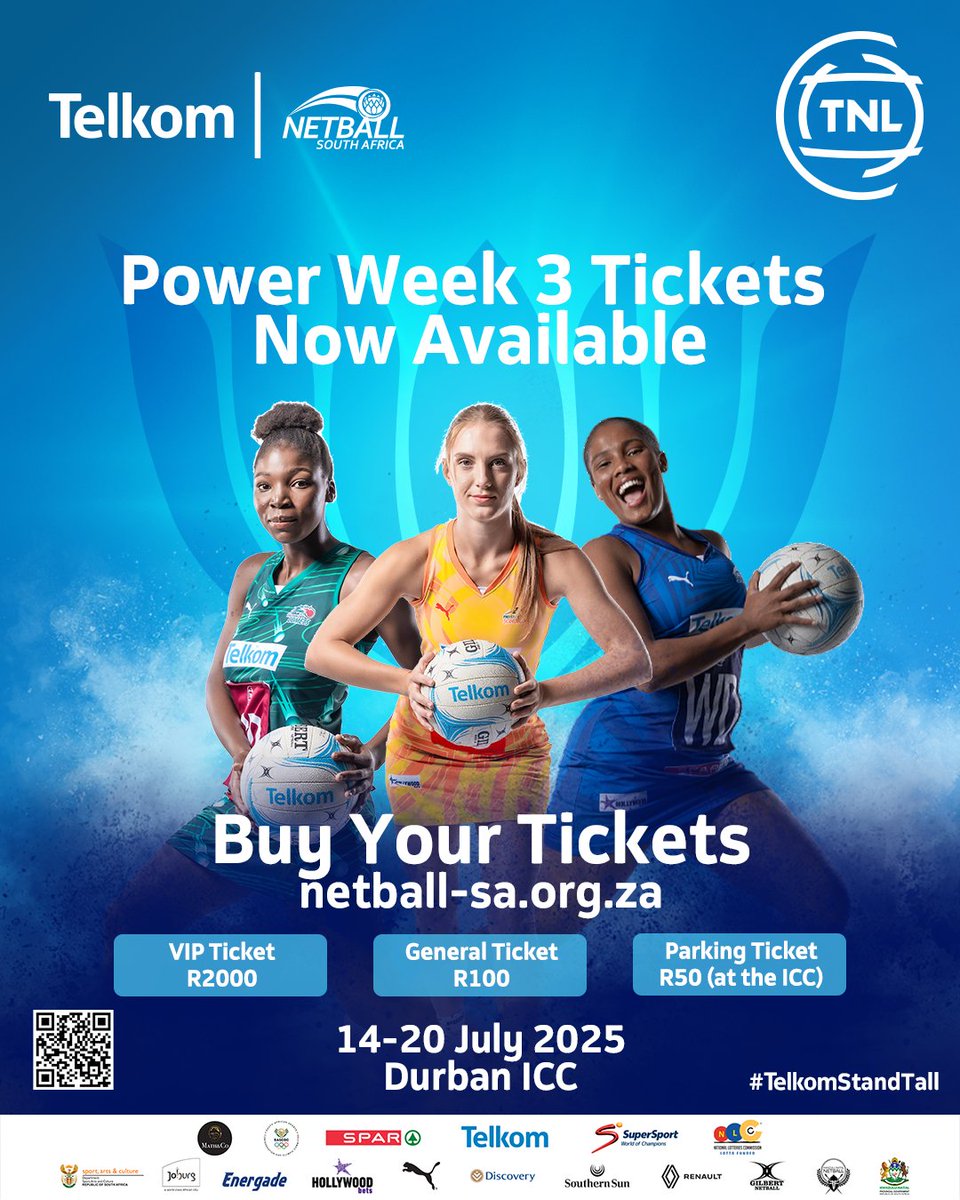 🎟️ Ready for the Action at 𝐏𝐨𝐰𝐞𝐫 𝐖𝐞𝐞𝐤 𝟑?  

Get your tickets to the Durban showdown at the ICC, 14-20 July 2025 on the Netball SA website 👉 netball-sa.org.za

Don’t miss out – secure your seat NOW! 💥

#TelkomStandTall #TNL2025 #TelkomNL