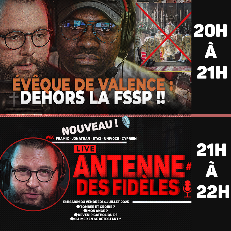 Ce soir, vous allez vivre deux temps forts. D’abord, une vidéo en première à 20h00 avec Jonathan.

📺 youtube.com/watch?v=Ro7-gv…

Puis à 21h00, on se retrouve en LIVE avec des frères catholiques pour le lancement du nouveau concept "Antenne des Fidèles"  

📡 youtube.com/watch?v=XVw47M…