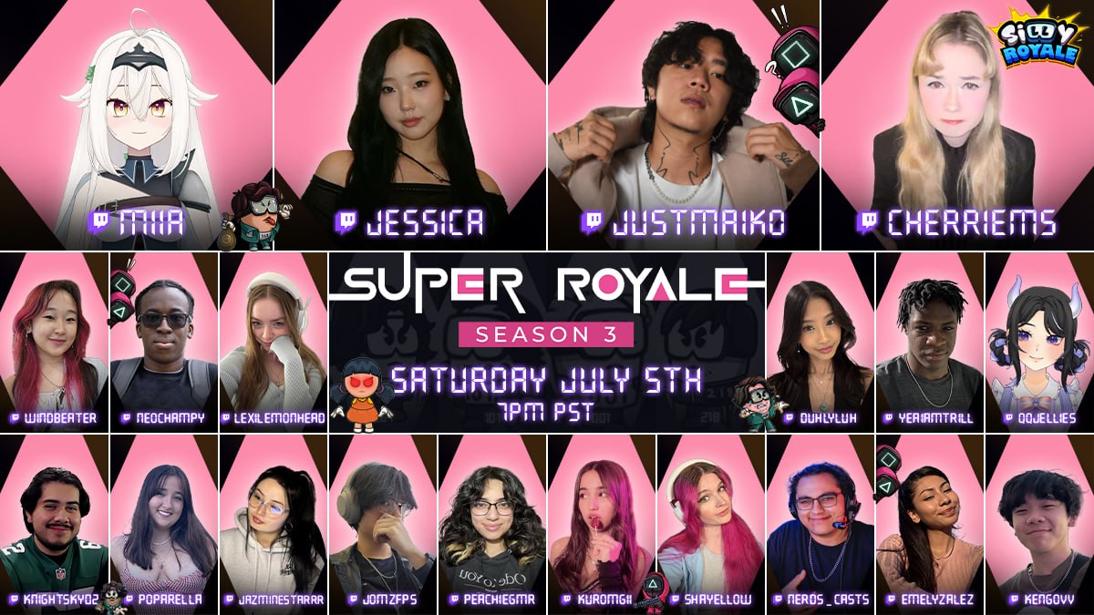 Get ready for the Super Royale Games streamer showdown!
Ft: <a href="/jessicahkim/">jess 🎀</a> | <a href="/matoimiia/">miia 🛸🌾</a> | @cherriems | <a href="/NerdsCasts/">Nerds | @valcommentator on Tiktok</a> &amp; the TikTok megastar with 50M+ followers <a href="/justmaiko/">MICHAEL LE</a> 👑
🗓 July 5 |🕖 7PM PST /July 6 | 7:30AM IST
🎁 HyperX headset + gift card giveaway links in thread👇