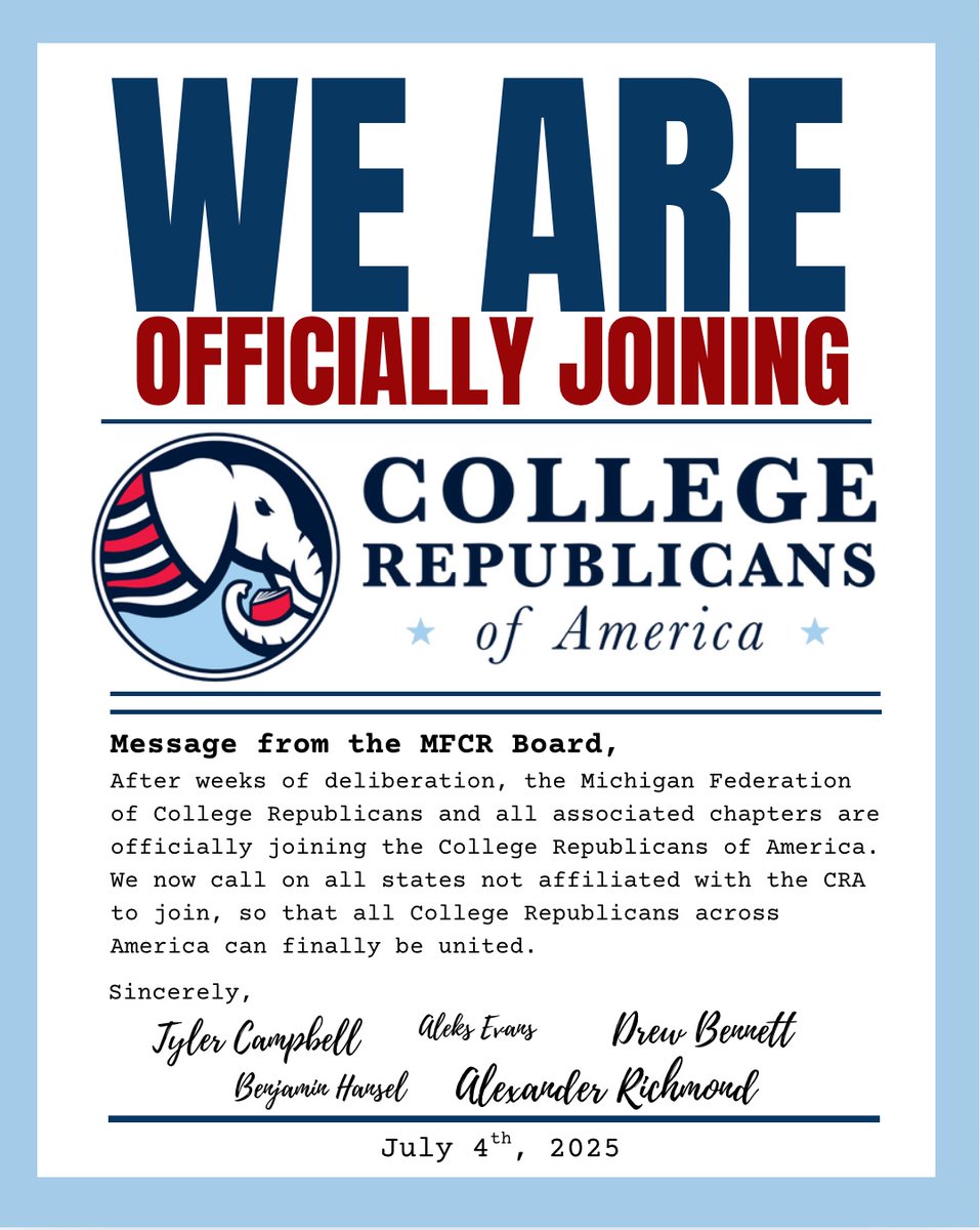 MFCR (@michigancrs) on Twitter photo We are officially joining the College Republicans of America! <a href="/uscollegegop/">College Republicans of America</a> We are officially joining the College Republicans of America! <a href="/uscollegegop/">College Republicans of America</a>