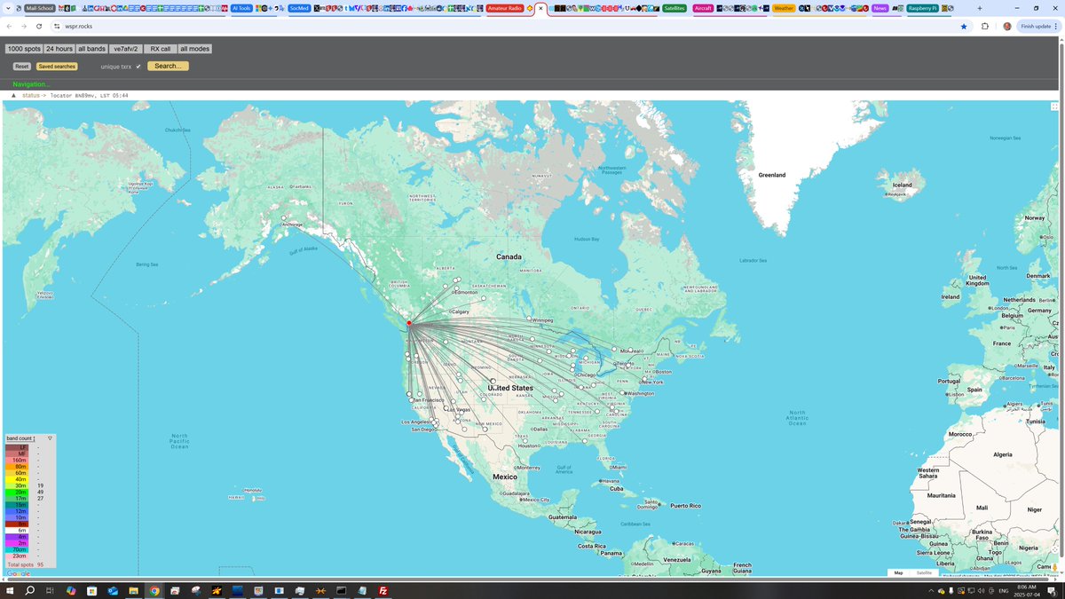 Early morning 1500 UTC / 8 AM PDT, a quick summary of space weather and HF propagation metrics. Two shots from HamClock with lots of detail, a shot from PSKreporter mapping 24 h of FT8 monitoring, 10-160 m, in Vancouver, and 24 h of WSPR transmission at 200 mW.
<a href="/K3TripleR/">K3RRR</a>