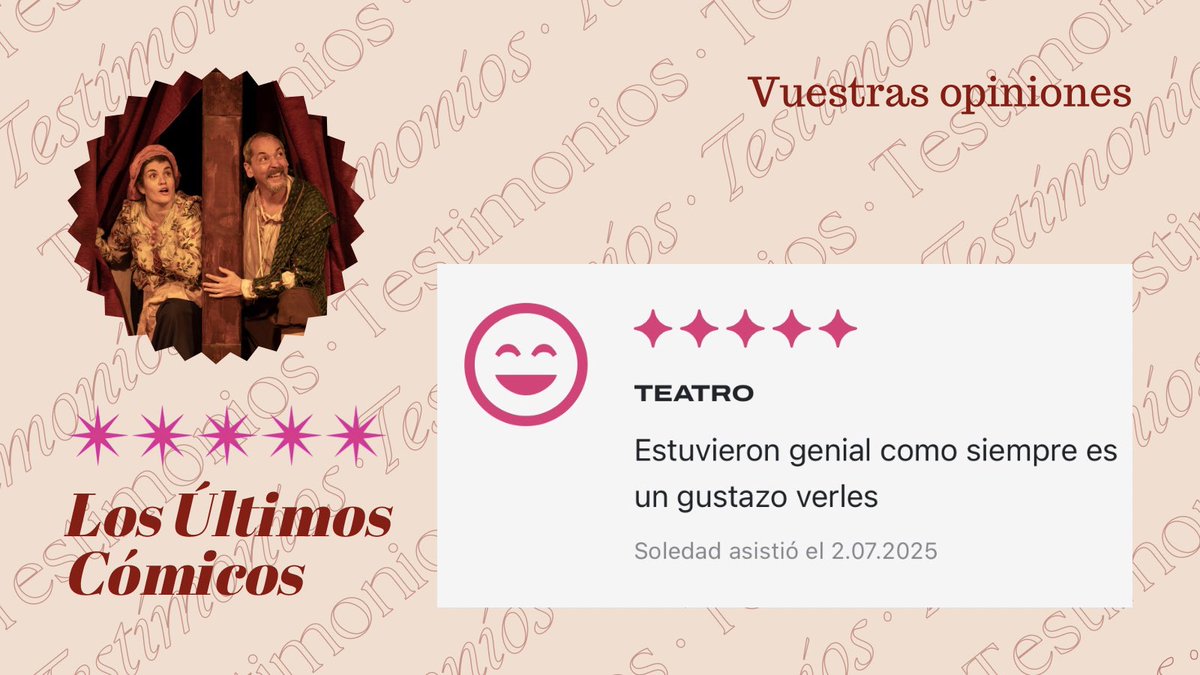 ⭐️ ⭐️ ⭐️ ⭐️ ⭐️ Cinco estrellas para Los Últimos Cómicos ‼️ 

❤️ Gracias por vuestras opiniones en <a href="/entradium/">entradium</a> 

¡No te la pierdas! 
De lunes a sábado, hasta el 9 de agosto.

📍IES Vicente Espinel 🕙 22.00 horas

🎫 entradium.com/es/events/los-…