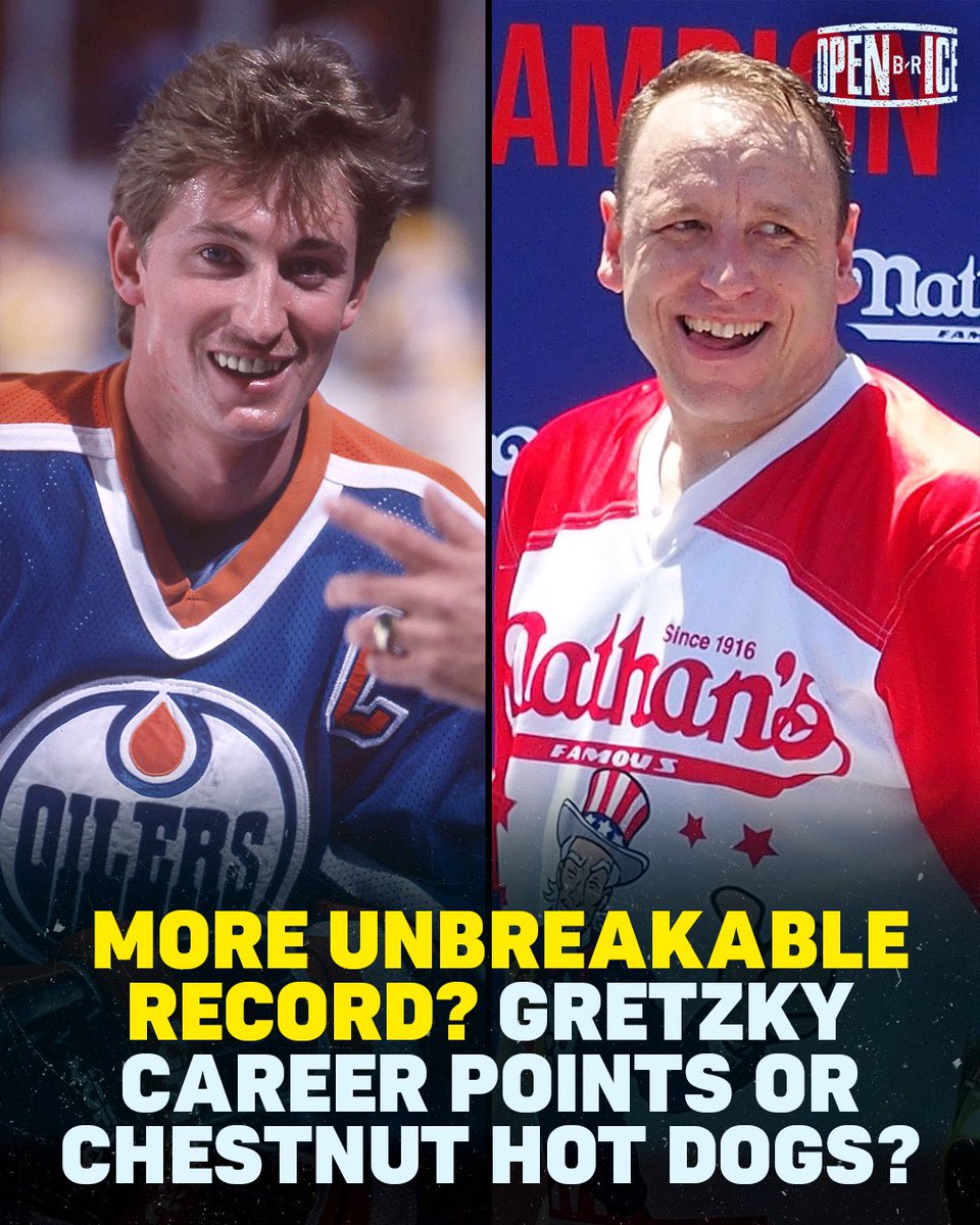 BR_OpenIce's tweet image. Which of these records do you think will stand the test of time? 

Wayne Gretzky’s 2,857 career points? Or Joey Chestnut’s 76 hot dogs and buns in 10 minutes? 🚨🌭