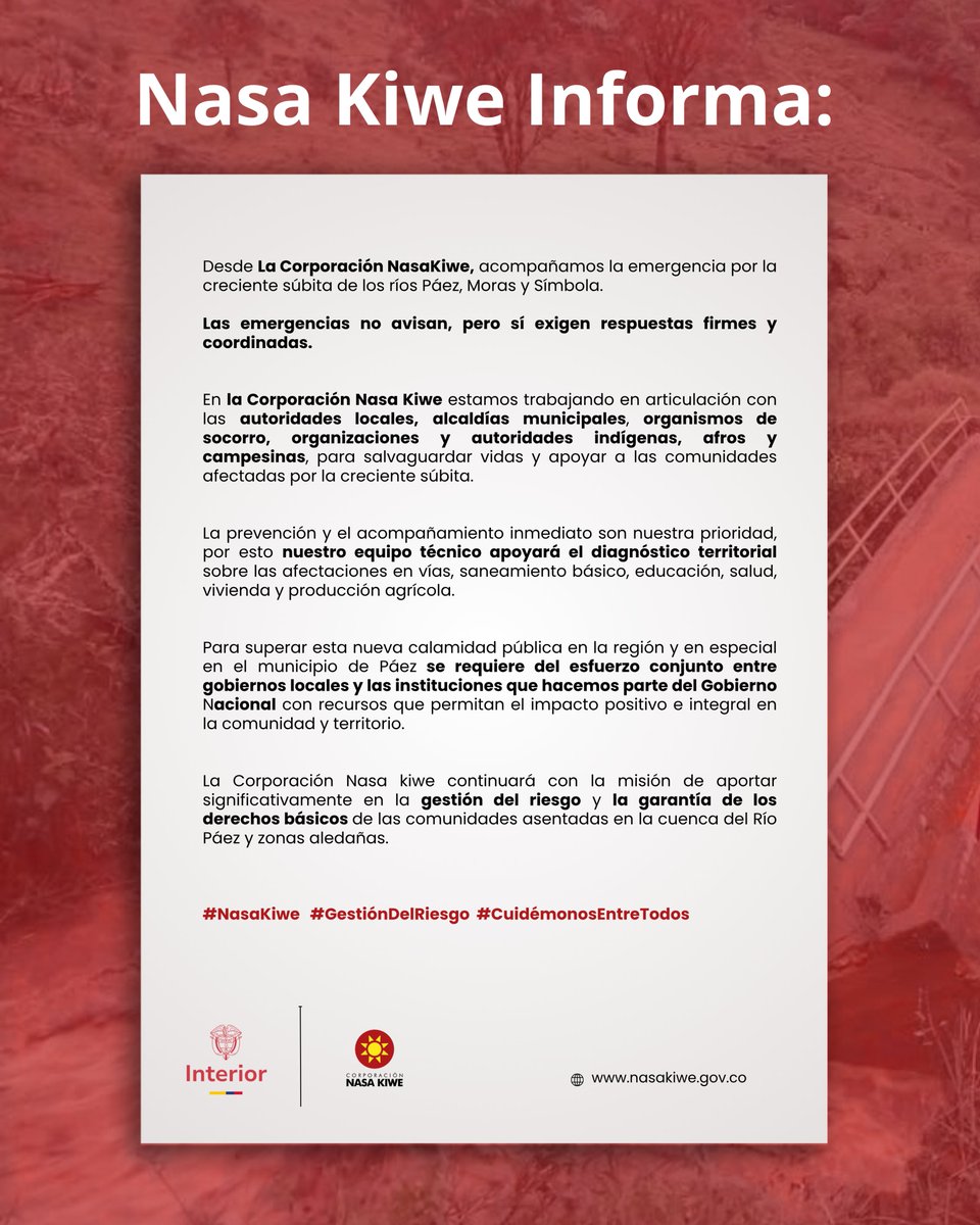 NasaKiwe's tweet image. 🔴 #NasaKiweInforma
Acompañamos la emergencia por la creciente súbita de los ríos Páez, Moras y Símbola.

Trabajamos en territorio, articulando esfuerzos para proteger vidas y apoyar a las comunidades.

#GestiónDelRiesgo #CuidémonosEntreTodos