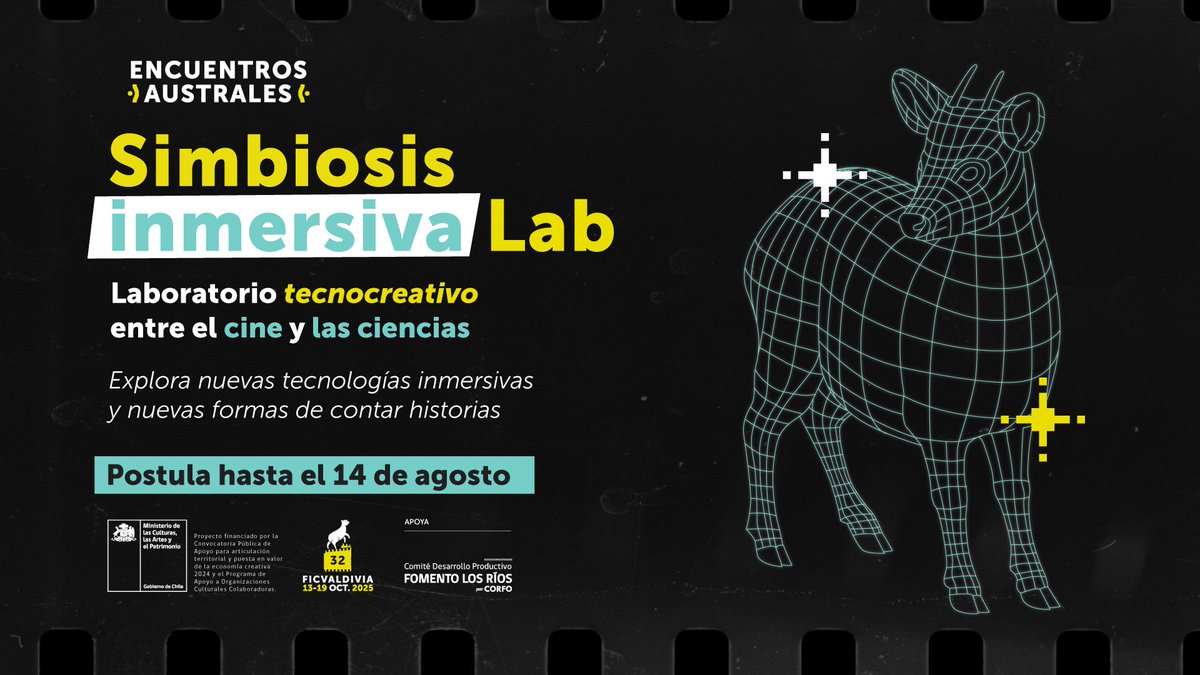 Participa en Simbiosis Inmersiva Lab 2025

Laboratorio tecnocreativo dirigido a profesionales de la ciencia y creadores audiovisuales interesados en la divulgación científica.

Postula hasta el 14 de agosto en:
encuentrosaustrales.ficvaldivia.cl/convocatorias/…

Apoya <a href="/fomentolosrios/">@FomentoLosRios</a>