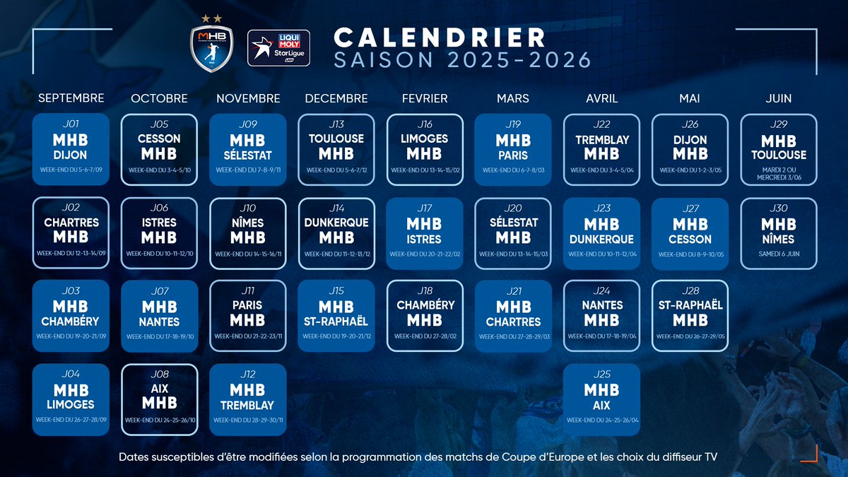 📣Découvrez le calendrier du 𝗠𝗼𝗻𝘁𝗽𝗲𝗹𝗹𝗶𝗲𝗿 𝗛𝗮𝗻𝗱𝗯𝗮𝗹𝗹 pour la 𝘀𝗮𝗶𝘀𝗼𝗻 𝟮𝟬𝟮𝟱-𝟮𝟬𝟮𝟲 ! On vous donne rendez-vous le week-end du  5-6-7 septembre au FDI Stadium pour l'ouverture de la Liqui Moly StarLigue !