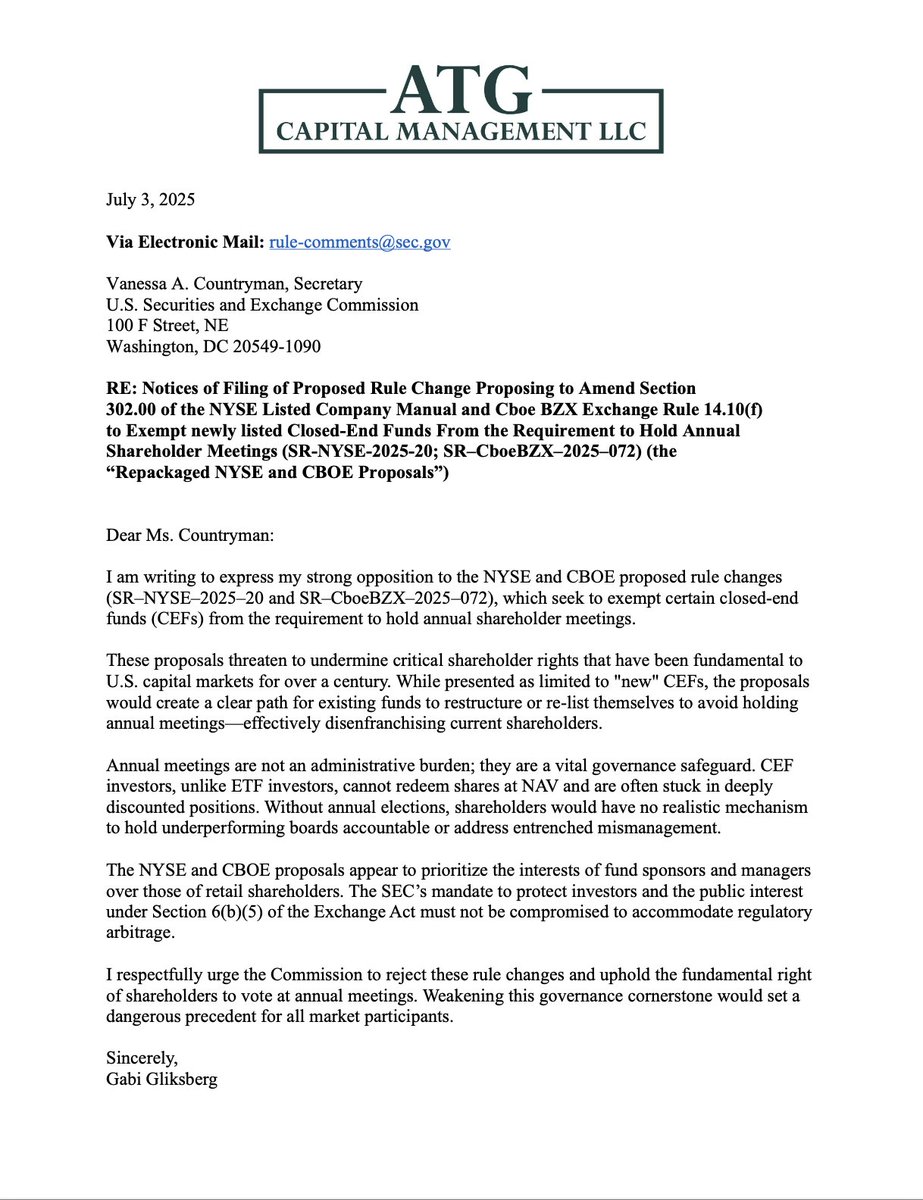 ATG_Capital's tweet image. Closed End Fund investors,
The NYSE and CBOE want the @SECGov to let closed-end funds skip annual shareholder meetings. That means no director elections and no accountability. This proposal is clearly a step backward for investor rights. If shareholders lose their vote, they…
