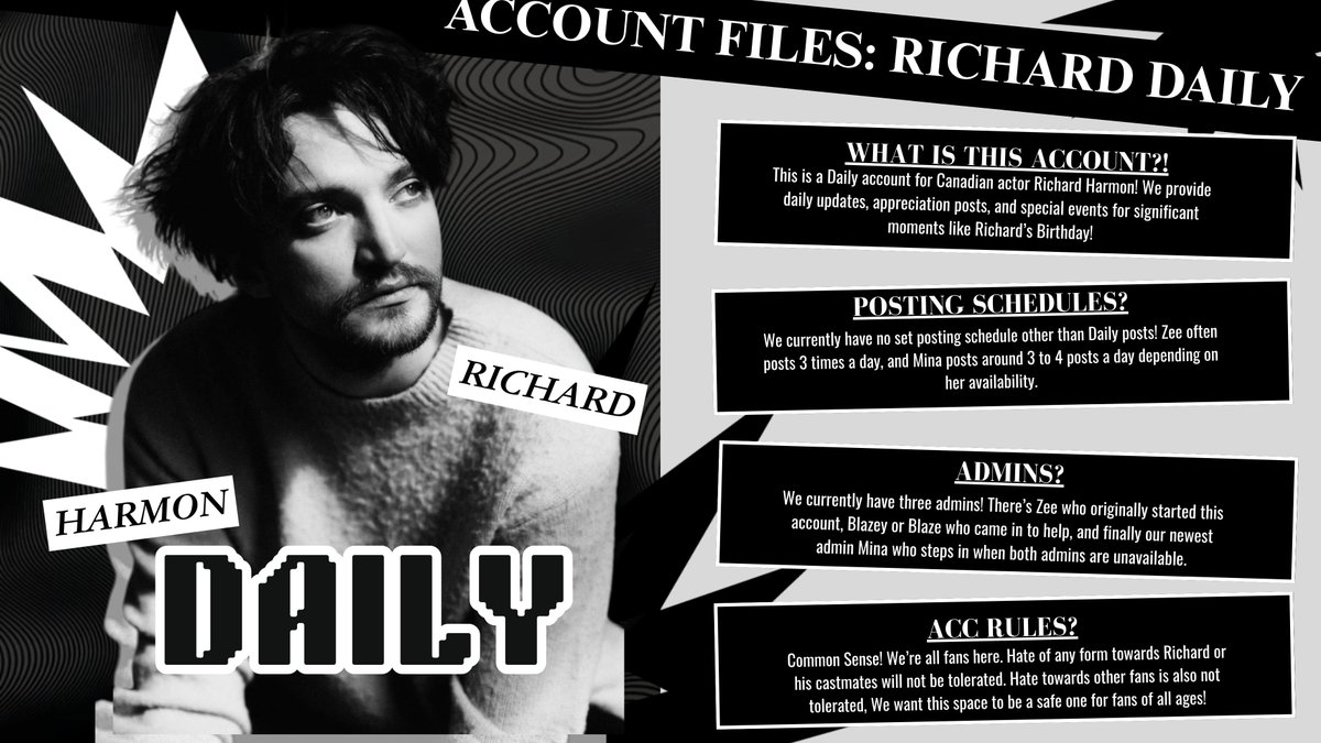 Richard_H_Daily's tweet image. 𝑯𝒊 𝑯𝒆𝒍𝒍𝒐!
This is a 𝙙𝙖𝙞𝙡𝙮 Fan Account for the Canadian Actor;
↳ ˚₊‧꒰ა𝑹𝒊𝒄𝒉𝒂𝒓𝒅 𝑯𝒂𝒓𝒎𝒐𝒏໒꒱ ‧₊˚
We will post updates, pictures and other stuff that involves him!
↳ This account is ran by 3 admins! Zee, Blazey and Mina! {🧵}
