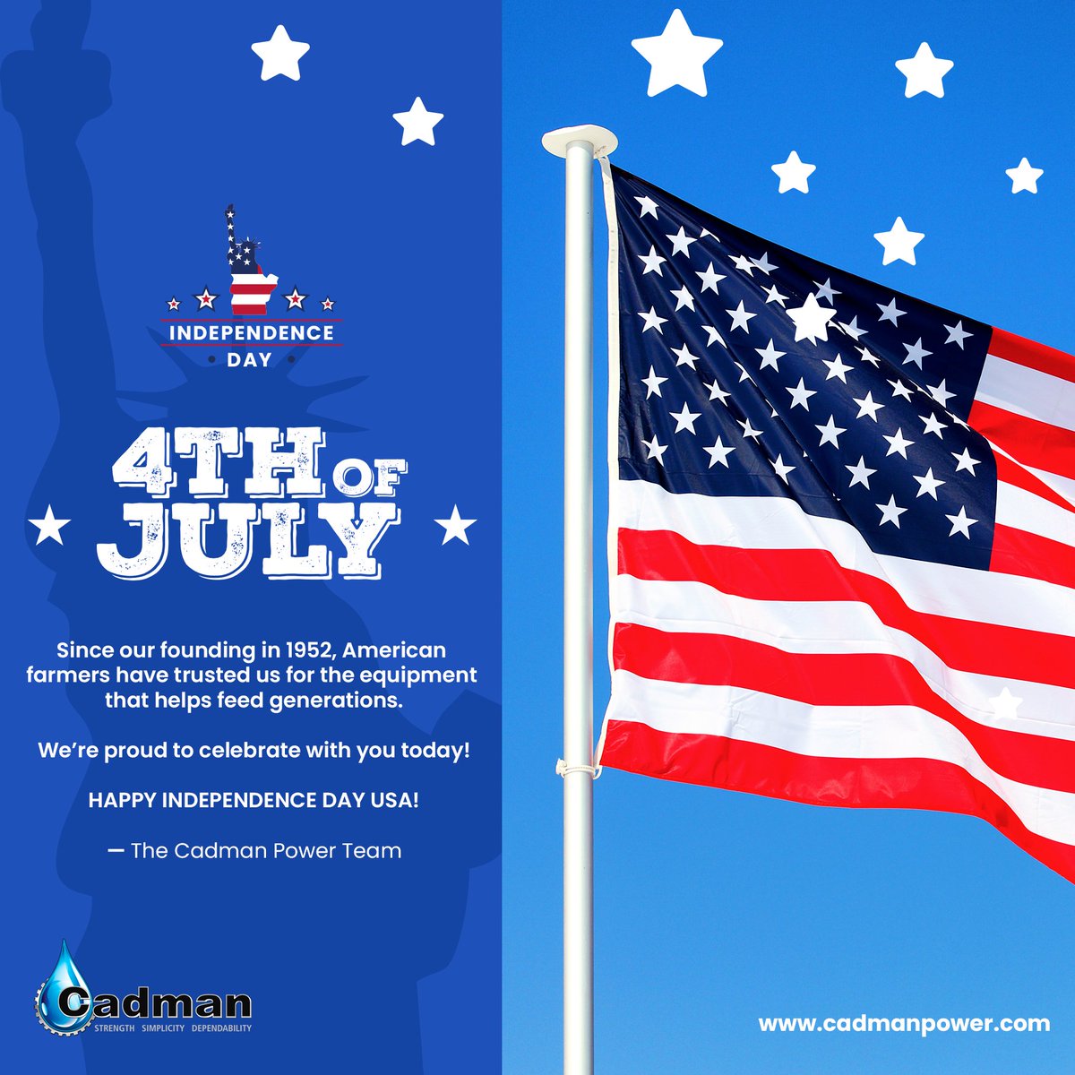 CadmanPower's tweet image. 🇺🇸 Today we salute the spirit of independence and the incredible resilience of American farmers.
For over 70 years, Cadman Power has been proud to support the hands that feed the nation with dependable, high-performance farming equipment.
Happy #IndependenceDay!
#4thofJuly