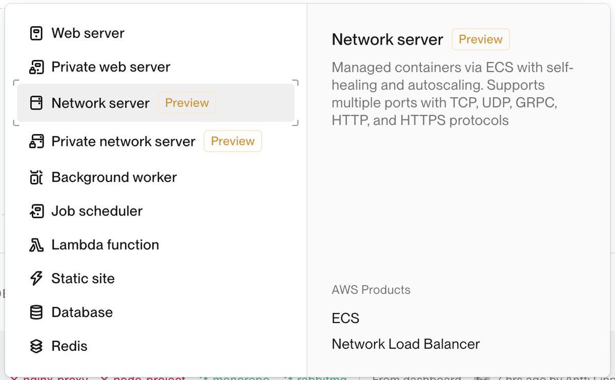 Network server is now in public preview!

This uses AWS Network Load Balancer and unlocks the ability to expose TCP, UDP, and multiple ports. 

There's also a private version that's only accessible inside your VPC.