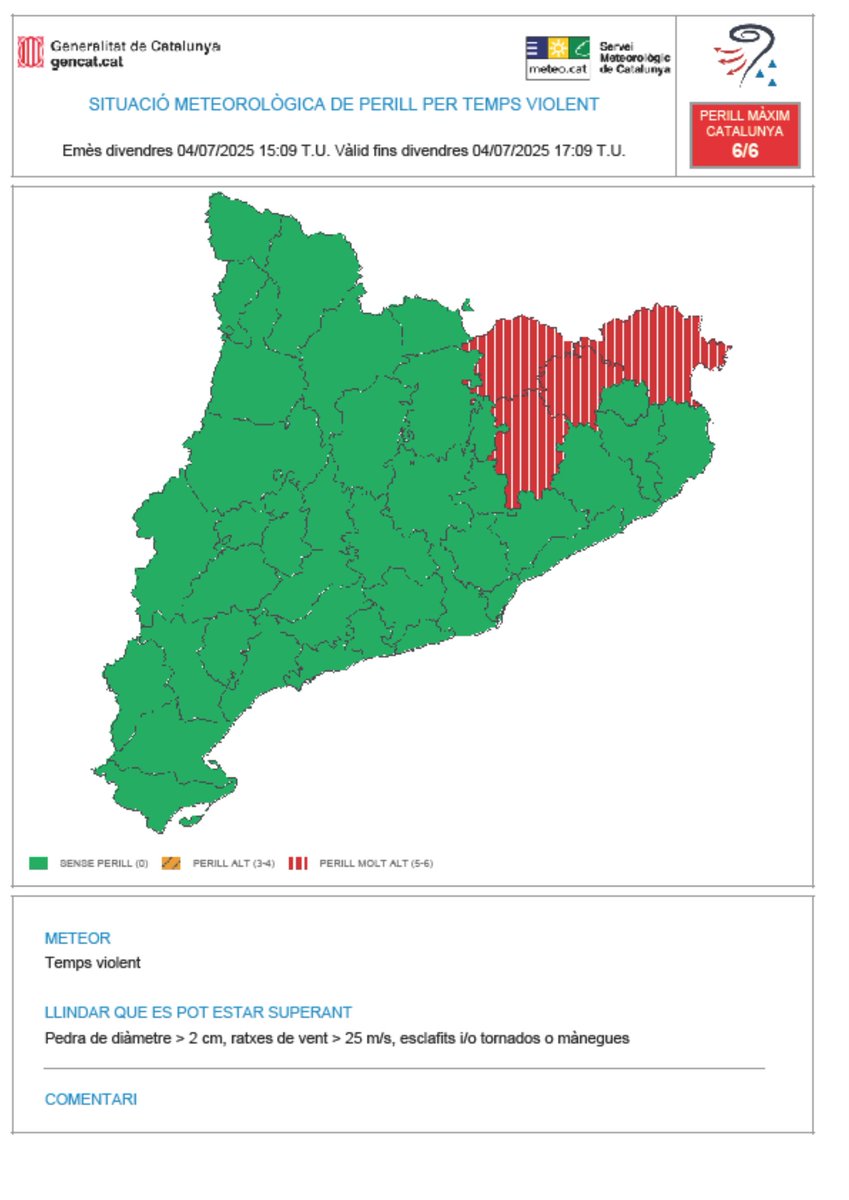 ⚠️ El Servei Meteorològic de Catalunya emet avís per temps violent (#avisosSMP) ⚠️

 Dj. 17:09 h  - 19:09 h.

Possibilitat de pedra de diàmetre &gt; 2 cm, ratxes de vent &gt; 25 m/s, esclafits i/o tornados o mànegues.

 Grau de perill màx. 🔴 6/6

Hora local (h) = TU+2