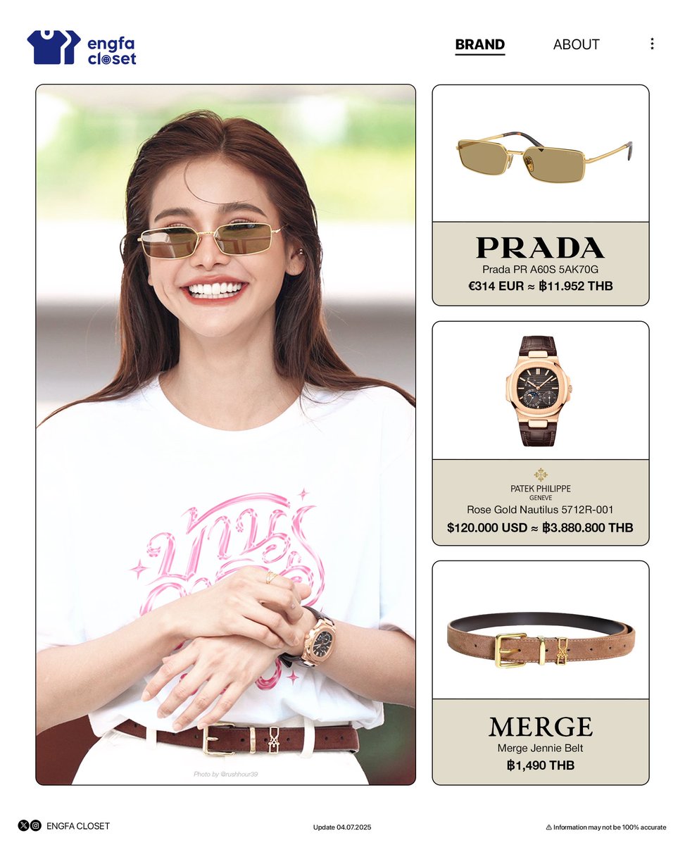 engfacloset's tweet photo. 250704

᯽ ENGFA CLOSET ᯽

👓 Prada PR A60S 5AK70G
• €314 EUR ≈ ฿11.952 THB. 

⌚️Patek Philippe Geneve
Rose Gold Nautilus 5712R-001
• $120.000 USD ≈ ฿3.880.800 THB

🧶Merge Jennie Belt
• ฿1.490 THB. 

—
#PatekPhilippe
#Prada #Merge
#EngfaWaraha
#อิงฟ้ามหาชน
#engfacloset https://t.co/1JeHfnzReE
