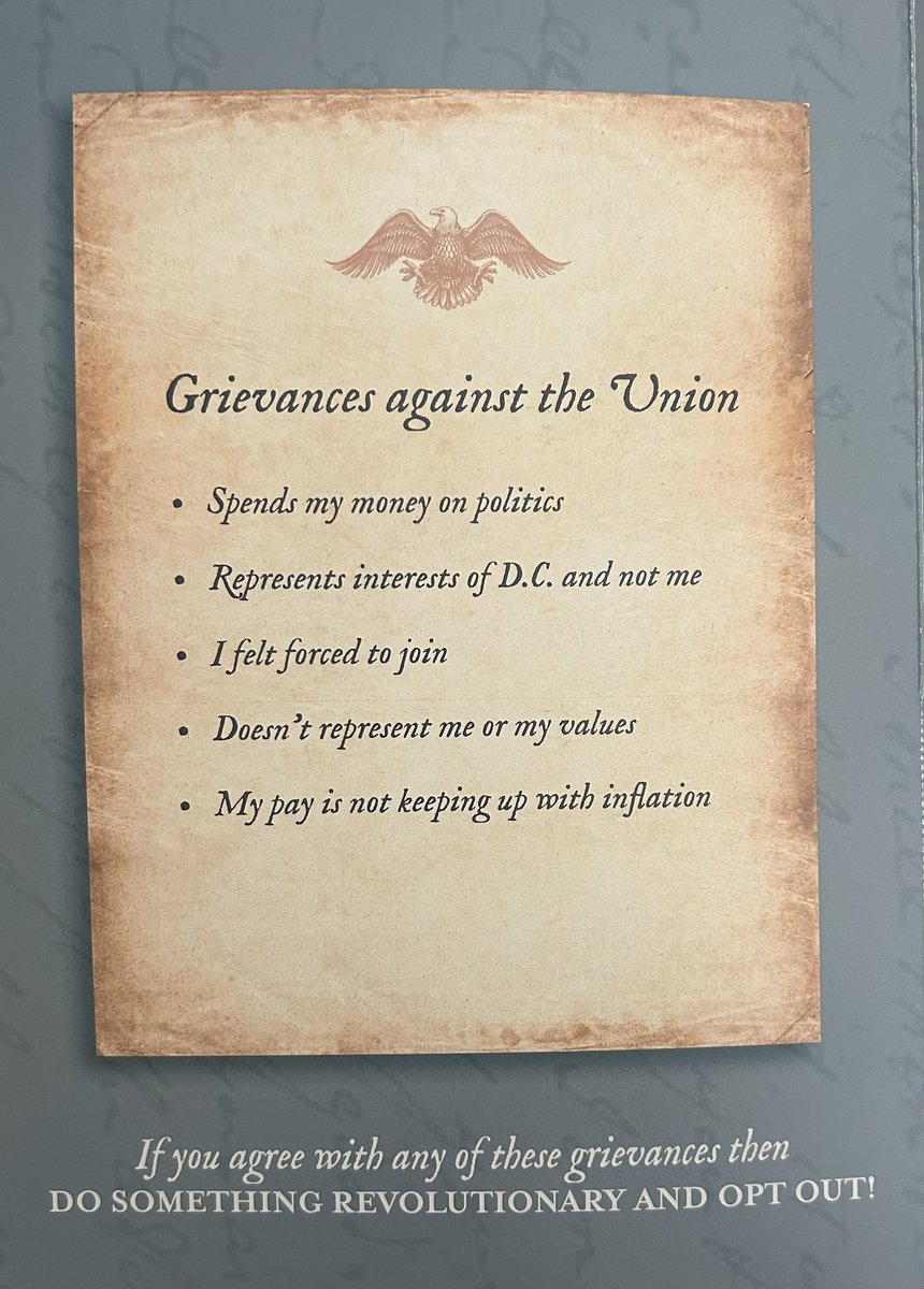 dowfornm's tweet image. This mailer arrived just in time to celebrate for YOUR freedom from forced union dues.
Declare your independence from Union dues!
Grievances against the Union-
Spends YOUR money in politics
Represents DC interests- not yours
Used to be forced to join
Doesn’t reflect YOUR…