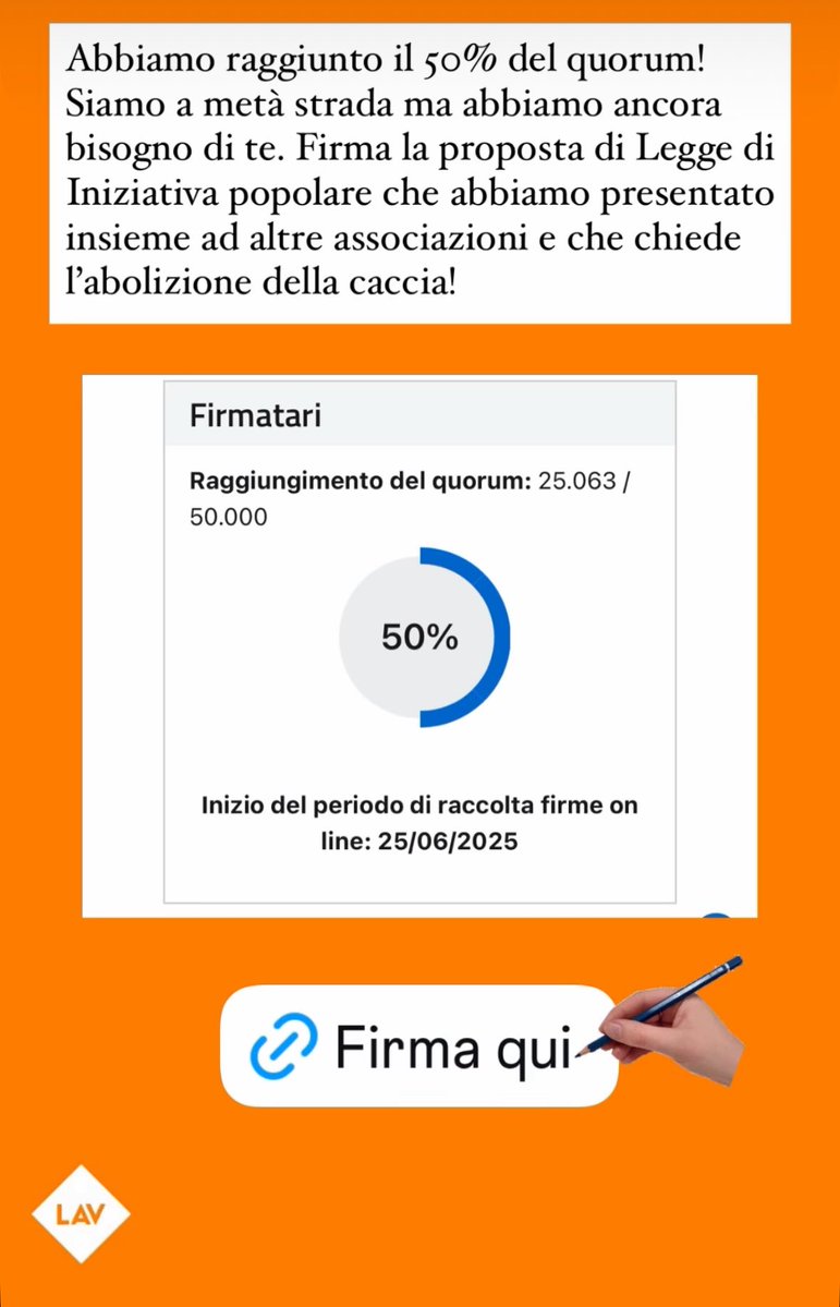 Nemmeno dieci giorni e già a metà quorum, 25mila firme raccolte. 
Manca la tua? Clicca qui bit.ly/firma-stop-cac…
Manca quella di una tua amica? Falle cliccare qui bit.ly/firma-stop-cac…
Grazie! #stopcaccia #stopddllollobrigida