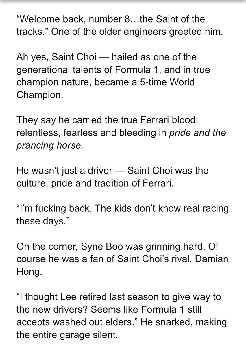 inkwaries's tweet photo. 8 — cheolboo au narration prompt! 

meet saint choi and syne boo 🏎️ https://t.co/FGGVCguaR2