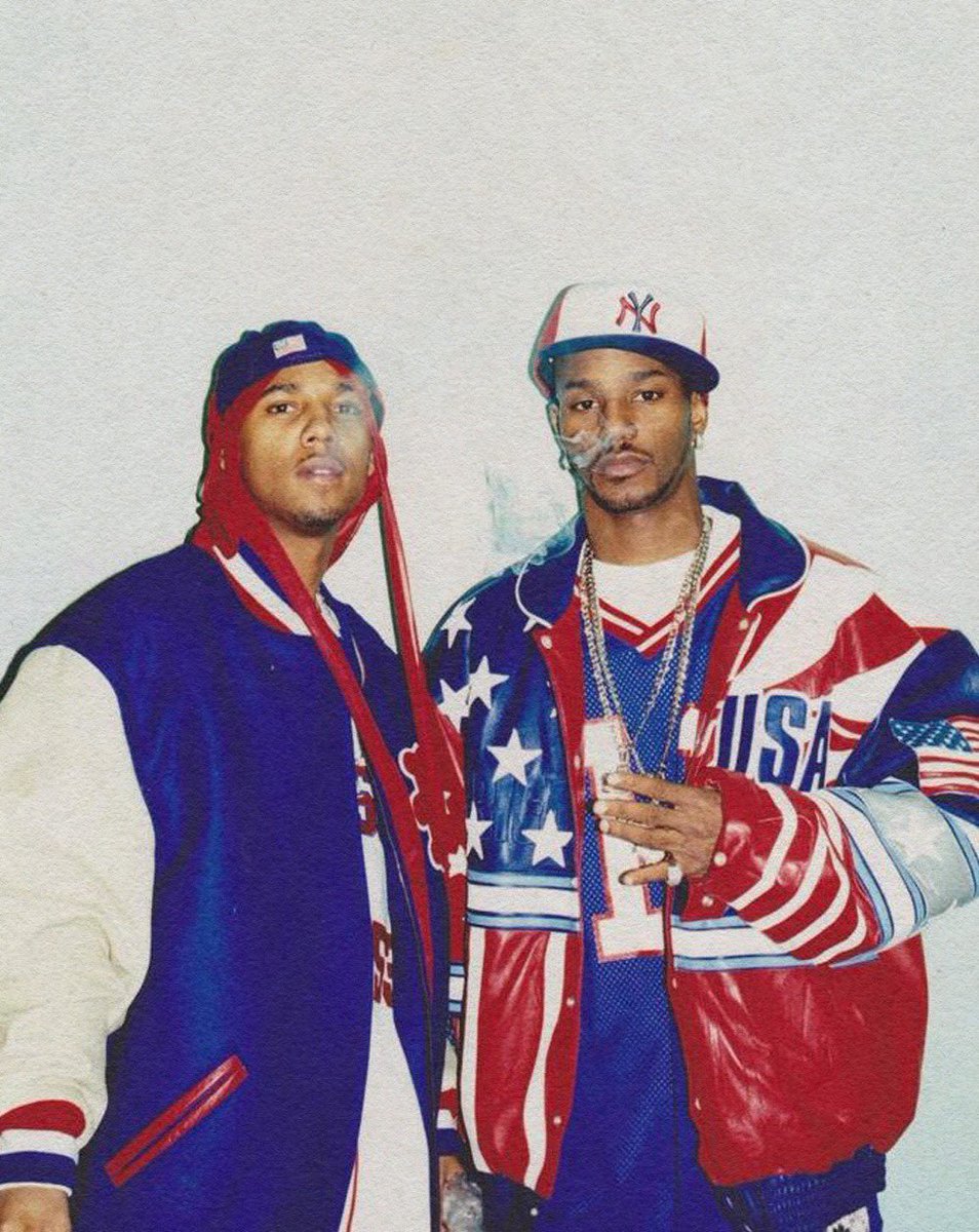 Cam’ron (2002) wearing a 2002 Jeff Hamilton “USA” Leather Jacket with a 2002 New Era USA themed Pinwheel Fitted

#July4