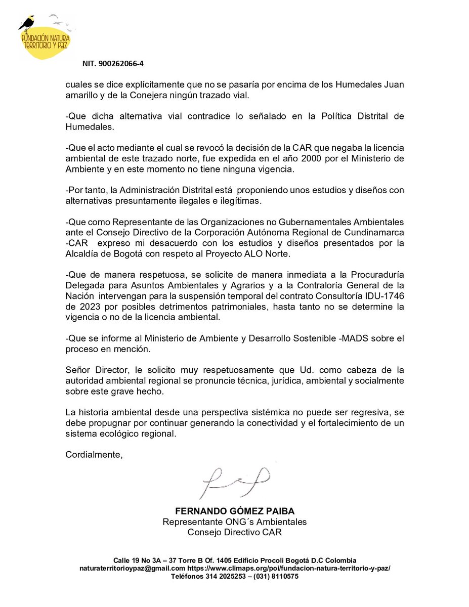 Sin licencia ambiental vigente y por encima del marco jurídico actual, la <a href="/Bogota/">Alcaldía de Bogotá</a> <a href="/CarlosFGalan/">Carlos F. Galán</a> pretende realizar obras viales sobre #HumedalesRAMSAR  Le recordamos que: jurídica, ambiental, técnica y socialmente NO son viables. Esperaremos respuesta de <a href="/CAR_Cundi/">CAR Cundinamarca</a> <a href="/Alfred_Balle/">Alfred Ballesteros Alarcón</a>