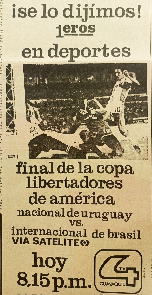 Julio 1980, final Copa Libertadores de América entre Nacional de Montevideo e Internacional de Porto Alegre, transmisión en vivo por Canal 4 de TV de Guayaquil.  ¿Recuerdan alguna otra final de Copa Libertadores transmitida en vivo por televisión ecuatoriana ?. Es la primera que