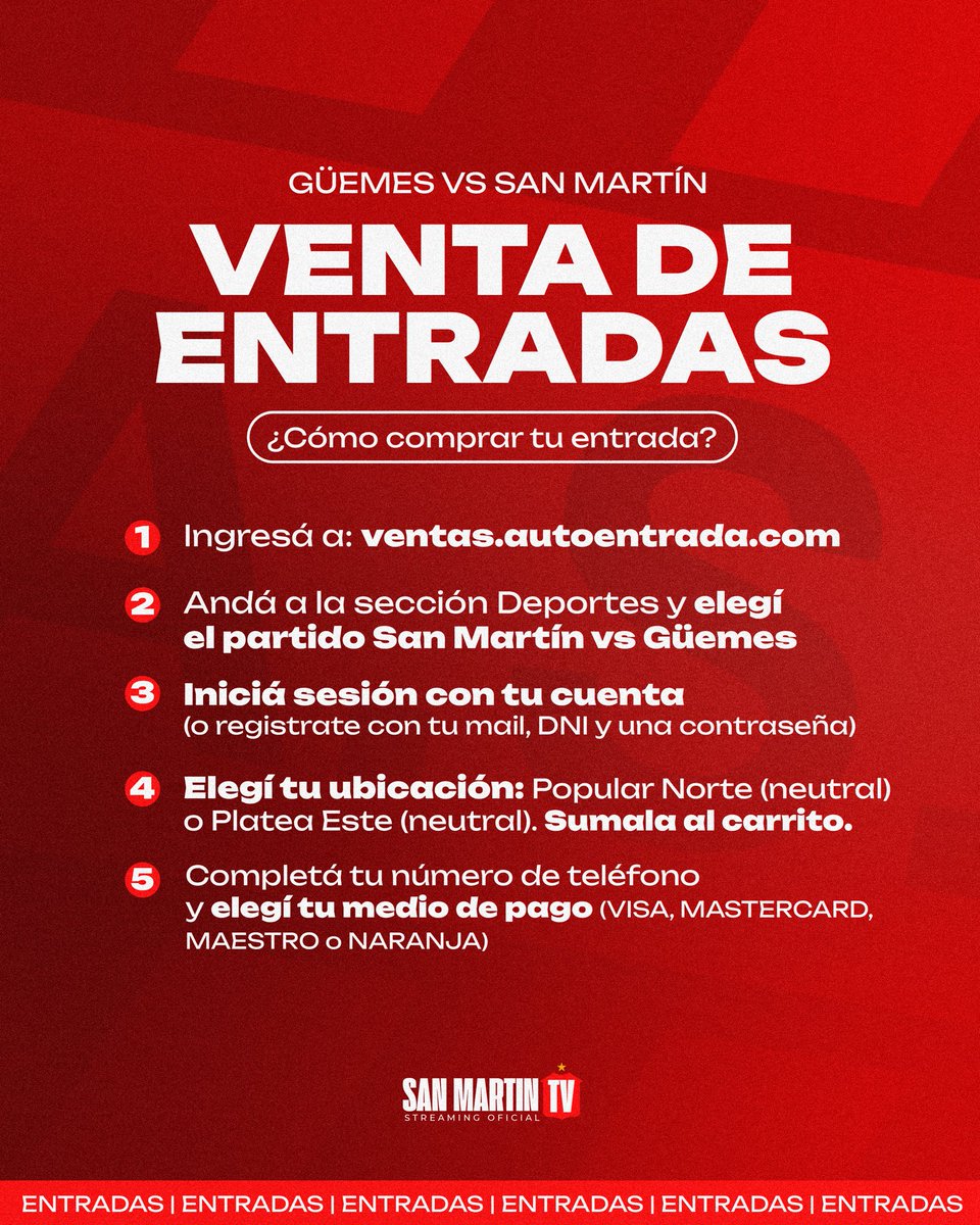 🚨 ¡Hinchas del Santo! Recorda que ya podés conseguir tu entrada para el partido del domingo en Santiago del Estero 🛣️⚽

Te dejamos el paso a paso para obtener tu entrada con total seguridad 🎟️

¡Nos vemos allá, siempre con la ilusión intacta! 🔴⚪ 

ventas.autoentrada.com/events/club-at…