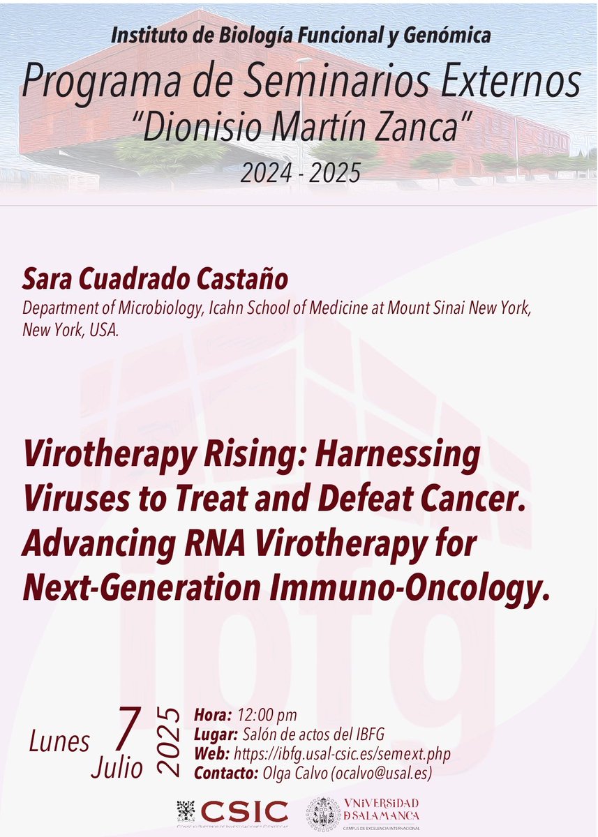 El lunes 7 recibiremos en el <a href="/ibfg_es/">IBFG</a> a Sara Cuadrado, científica salmantina, que  nos contará su interesante proyecto sobre innovadoras  terapias para la lucha contra el cáncer, y que pondrá en marcha en Salamanca.  Deseando recibirla!  <a href="/CGCarbayo/">Carlos García Carbayo</a>