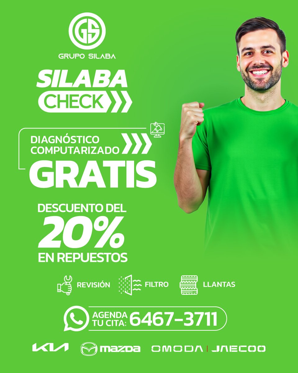 Con Silaba Check, te ofrecemos un diagnóstico computarizado totalmente gratis para que sepas exactamente qué necesita tu auto, sin compromisos 

Revisión experta sin costo
20% de descuento en repuestos.

Escribe y agenda tu cita al 6467-3711

Promoción válida hasta el 15 de julio